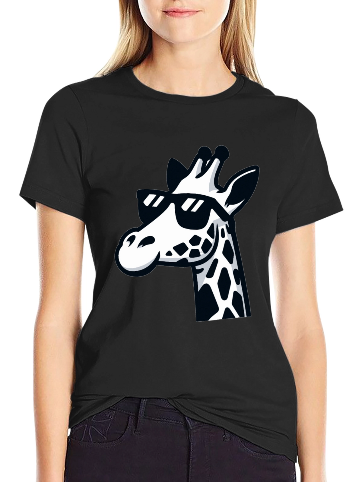 Cool Giraffe Graphic Tee - Black Crewneck T-Shirt