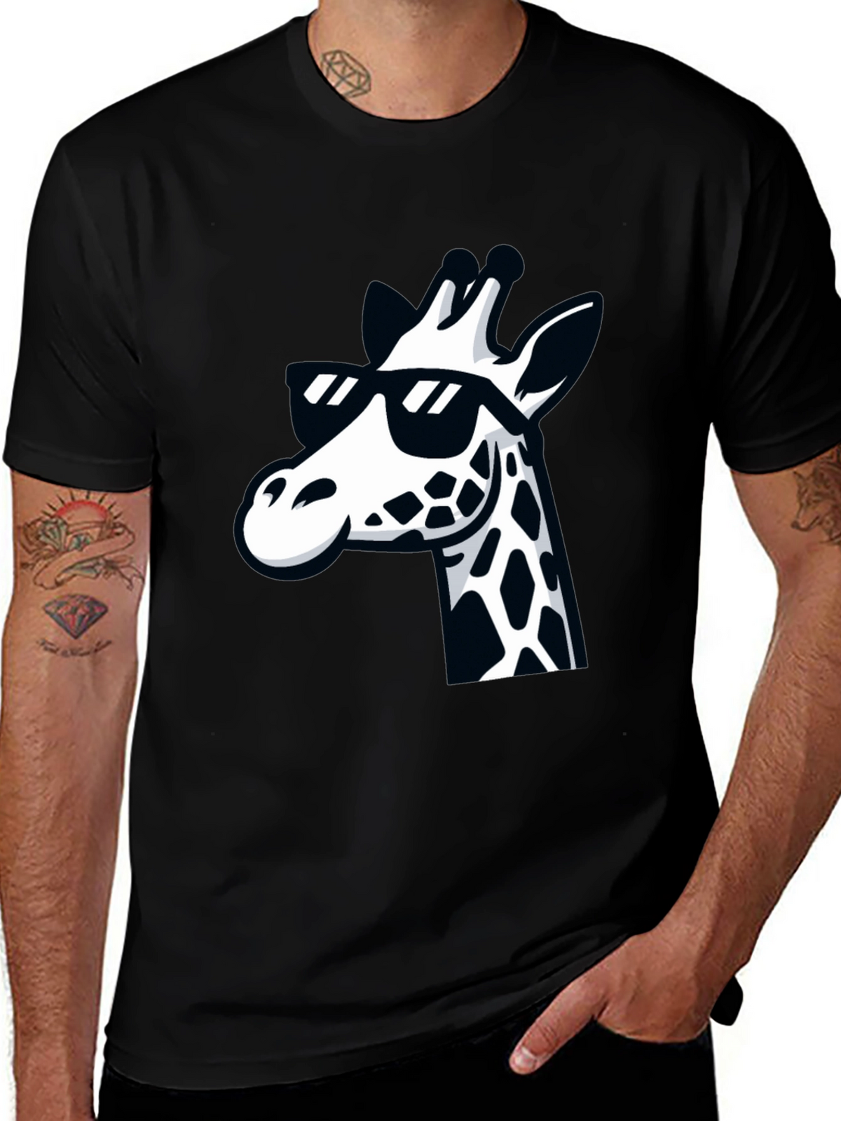 Cool Giraffe Graphic Tee - Black Crewneck T-Shirt