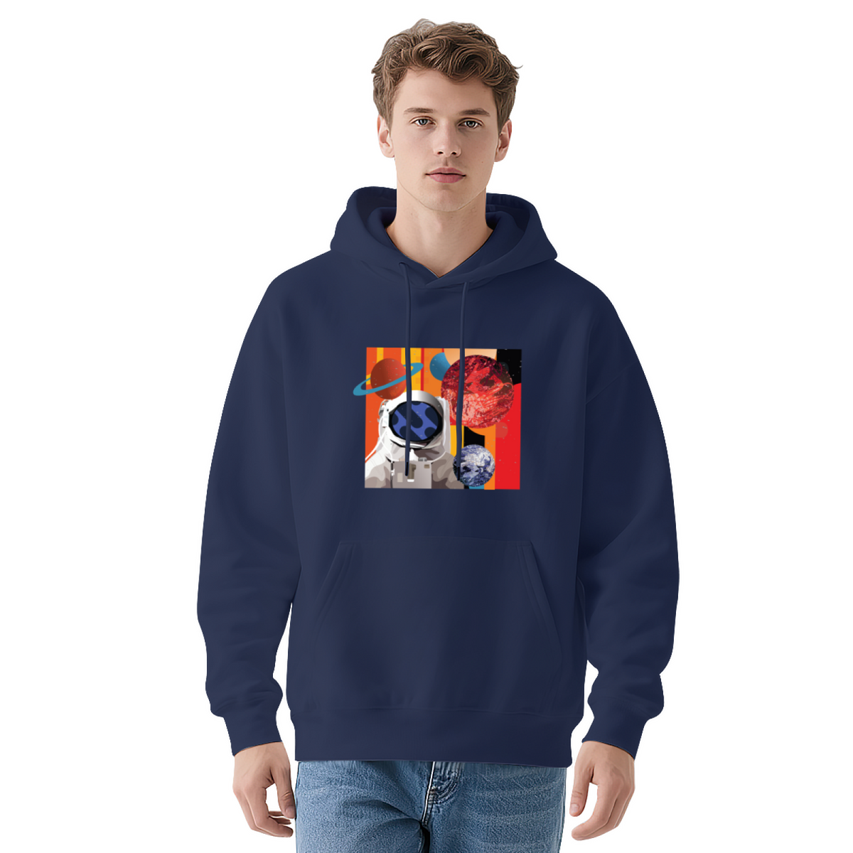 Space & Art & Crayon Graphic Hoodie - Cozy Pullover Sweatshirt with Unique Artwork, Trendy Streetwear