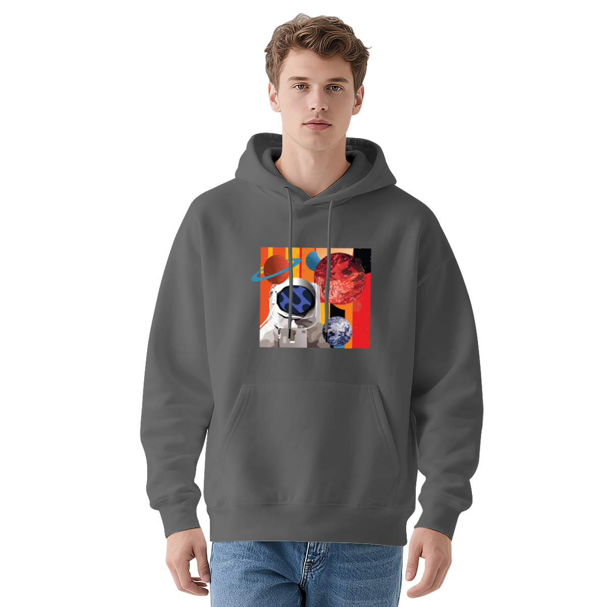 Space & Art & Crayon Graphic Hoodie - Cozy Pullover Sweatshirt with Unique Artwork, Trendy Streetwear