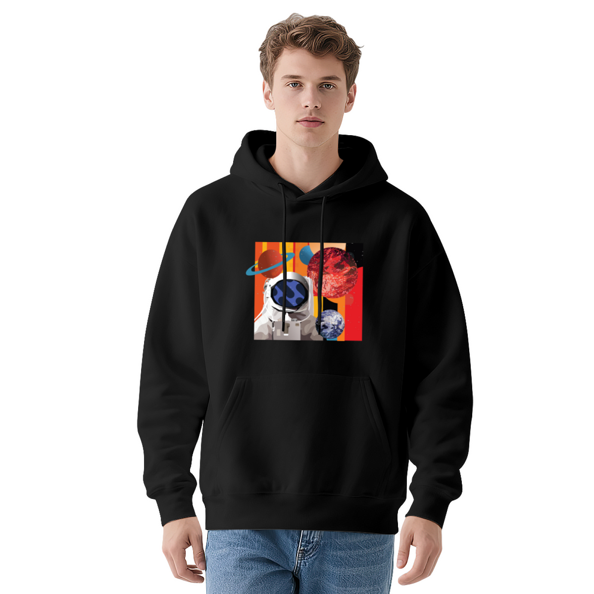 Space & Art & Crayon Graphic Hoodie - Cozy Pullover Sweatshirt with Unique Artwork, Trendy Streetwear