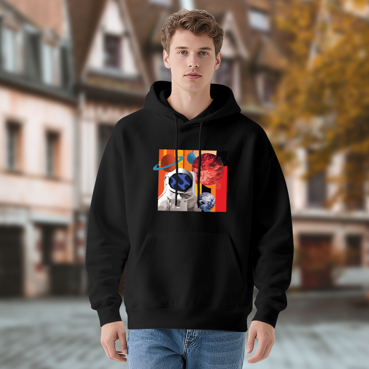 Space & Art & Crayon Graphic Hoodie - Cozy Pullover Sweatshirt with Unique Artwork, Trendy Streetwear