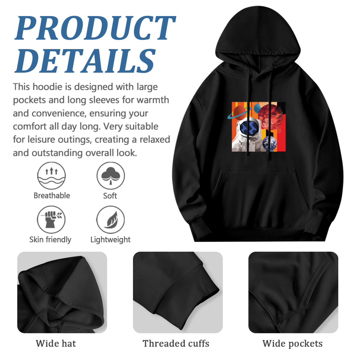 Space & Art & Crayon Graphic Hoodie - Cozy Pullover Sweatshirt with Unique Artwork, Trendy Streetwear