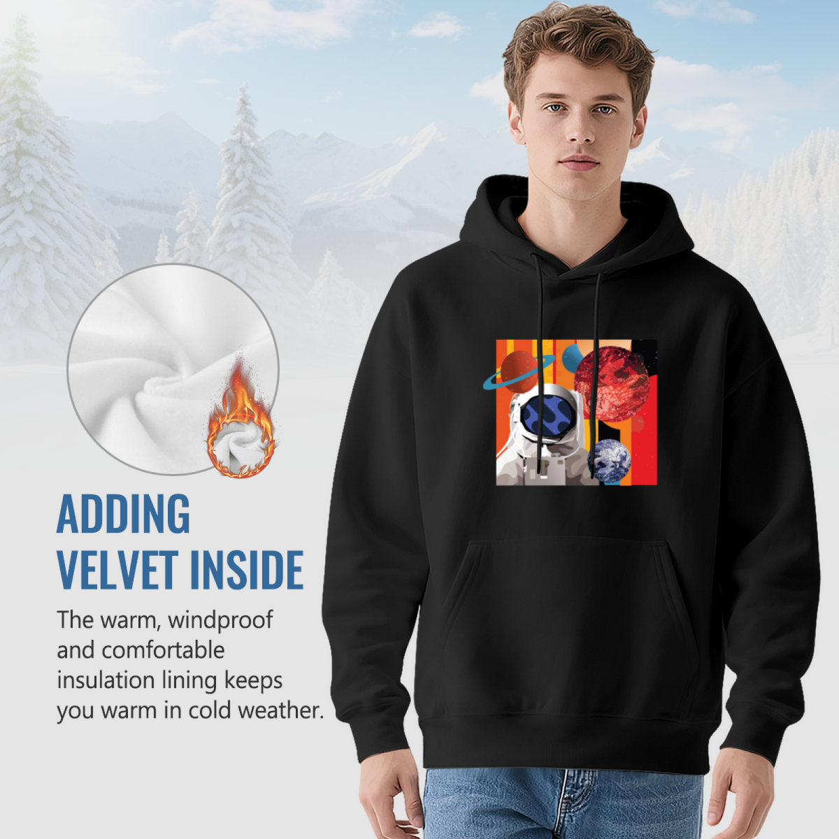 Space & Art & Crayon Graphic Hoodie - Cozy Pullover Sweatshirt with Unique Artwork, Trendy Streetwear