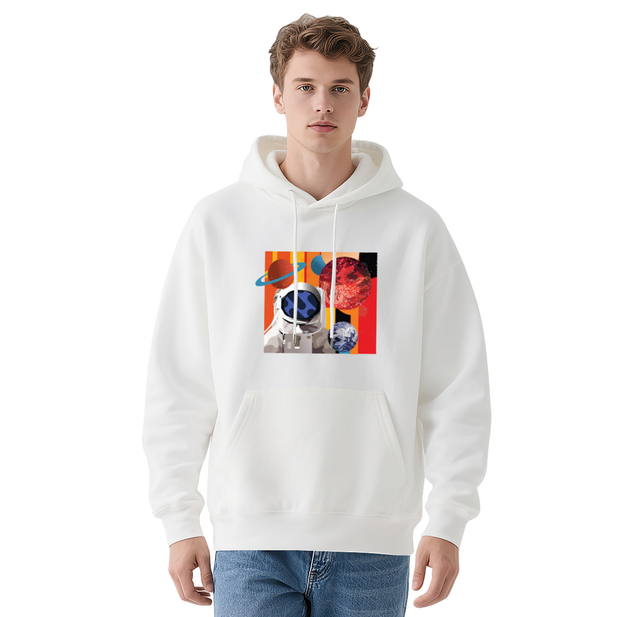 Space & Art & Crayon Graphic Hoodie - Cozy Pullover Sweatshirt with Unique Artwork, Trendy Streetwear
