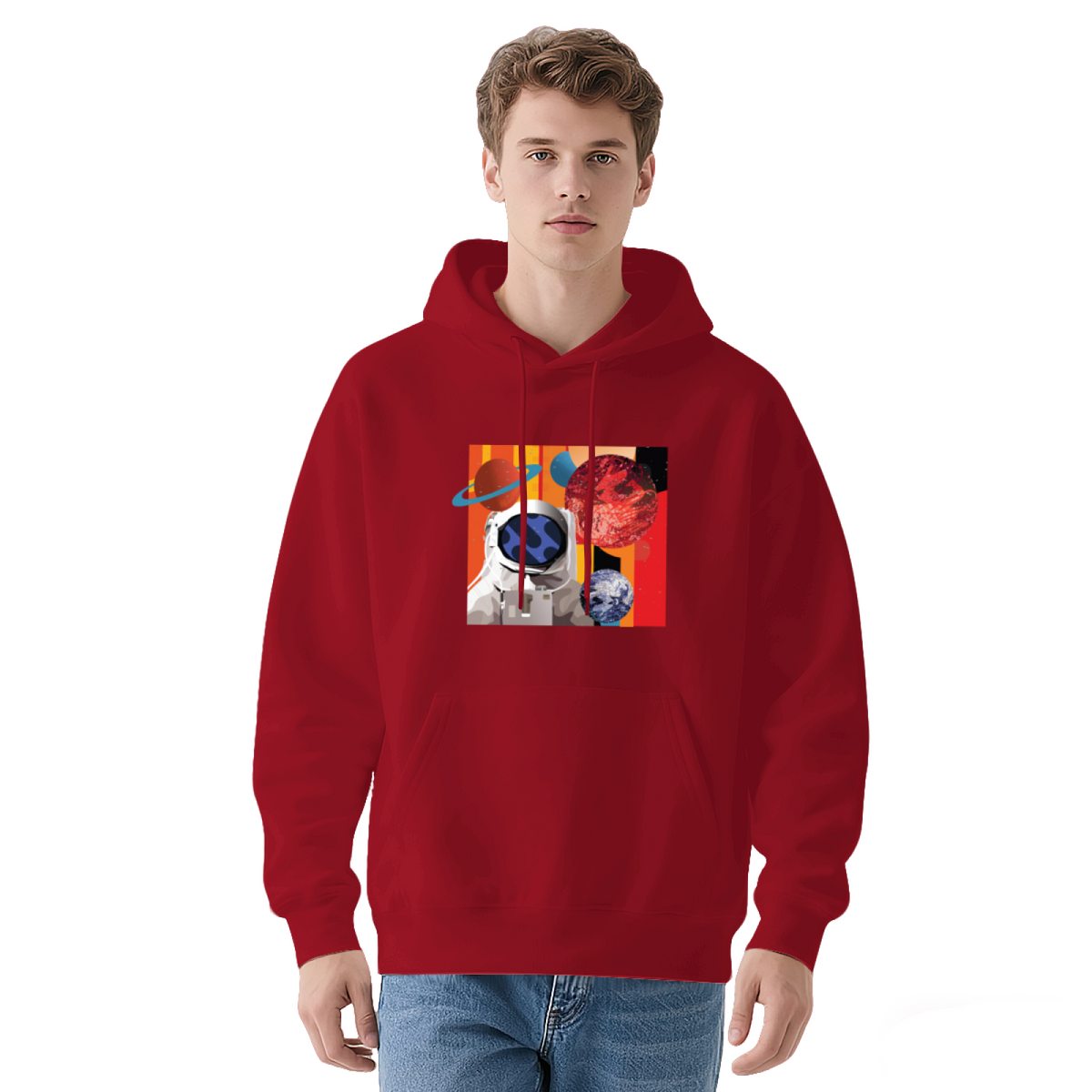 Space & Art & Crayon Graphic Hoodie - Cozy Pullover Sweatshirt with Unique Artwork, Trendy Streetwear