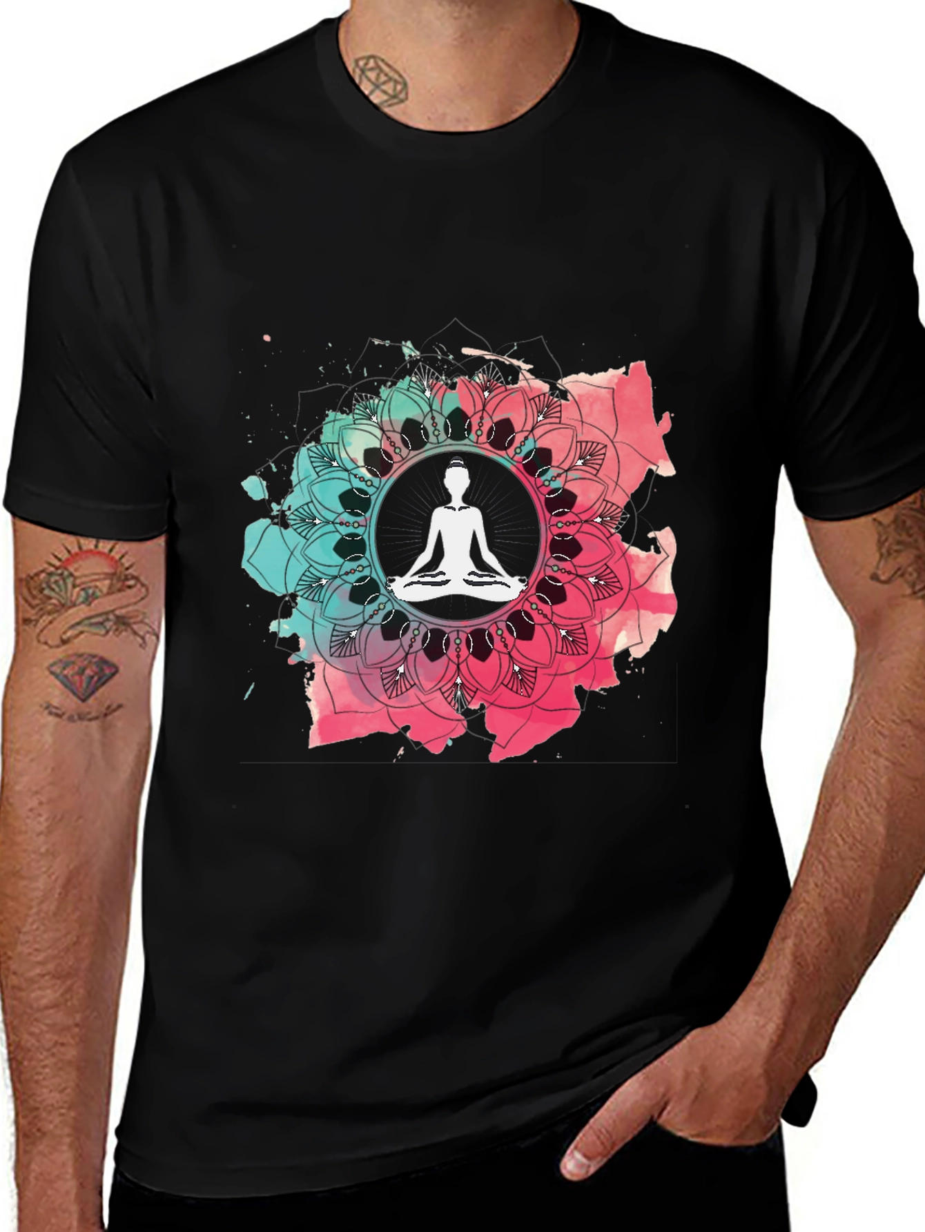Yoga Mandala Graphic Tee - Mens Casual Black T-Shirt