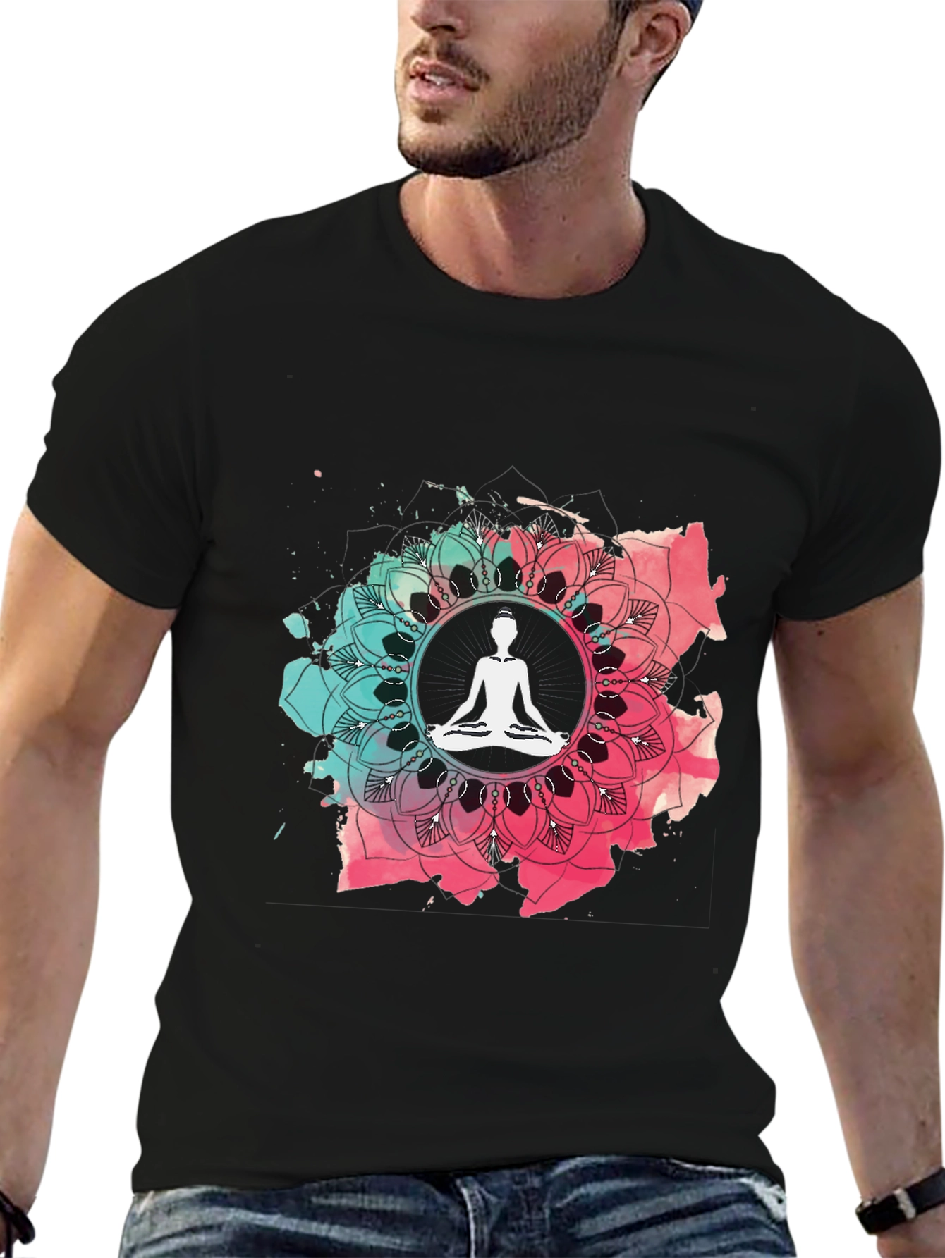 Yoga Mandala Graphic Tee - Mens Casual Black T-Shirt