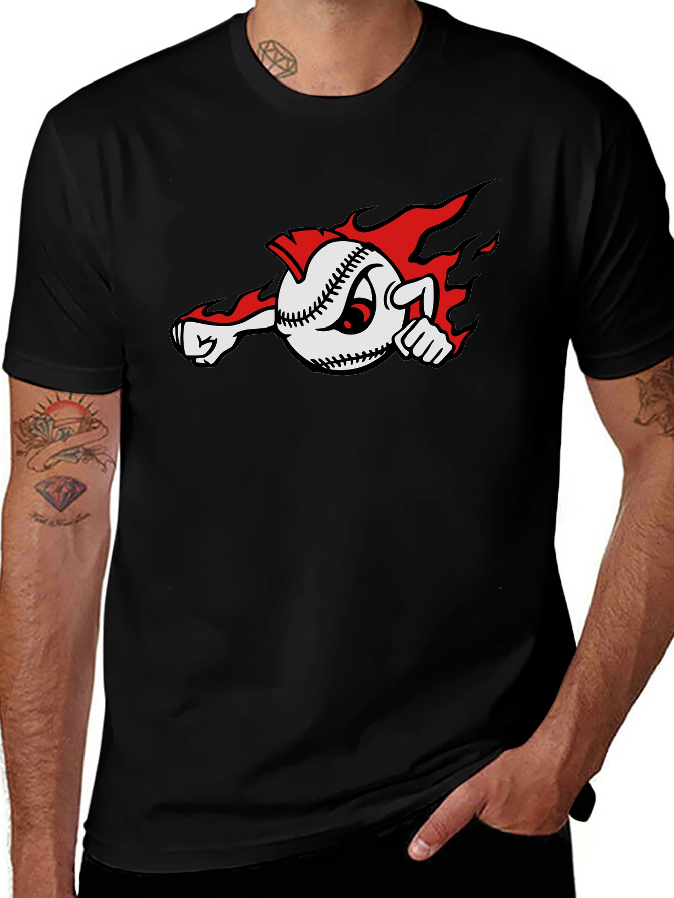Fiery Baseball Cartoon Graphic T-Shirt