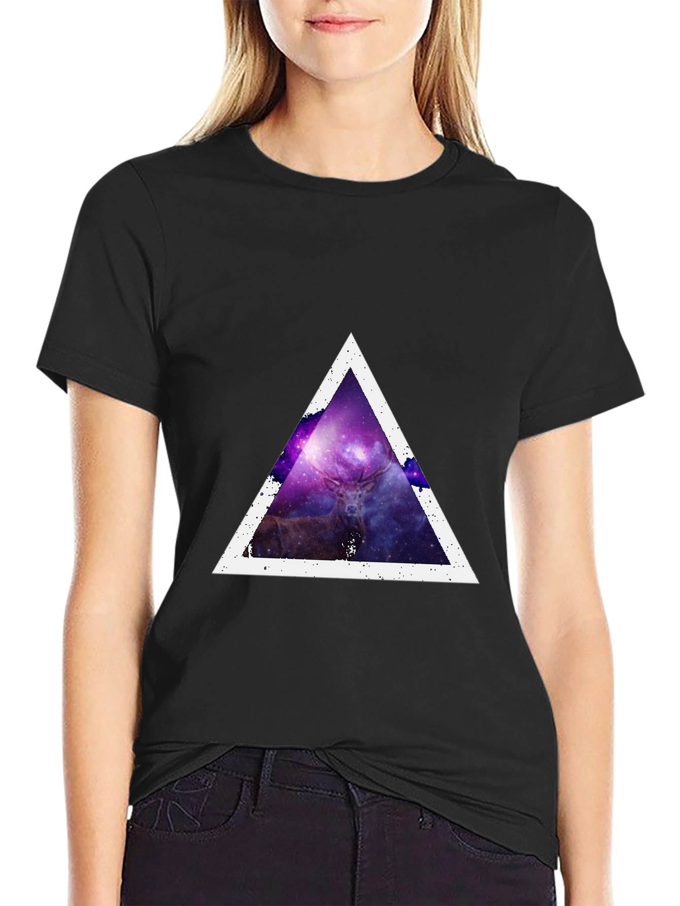 Cosmic Deer Triangle Tee - Modern Graphic Print T-Shirt