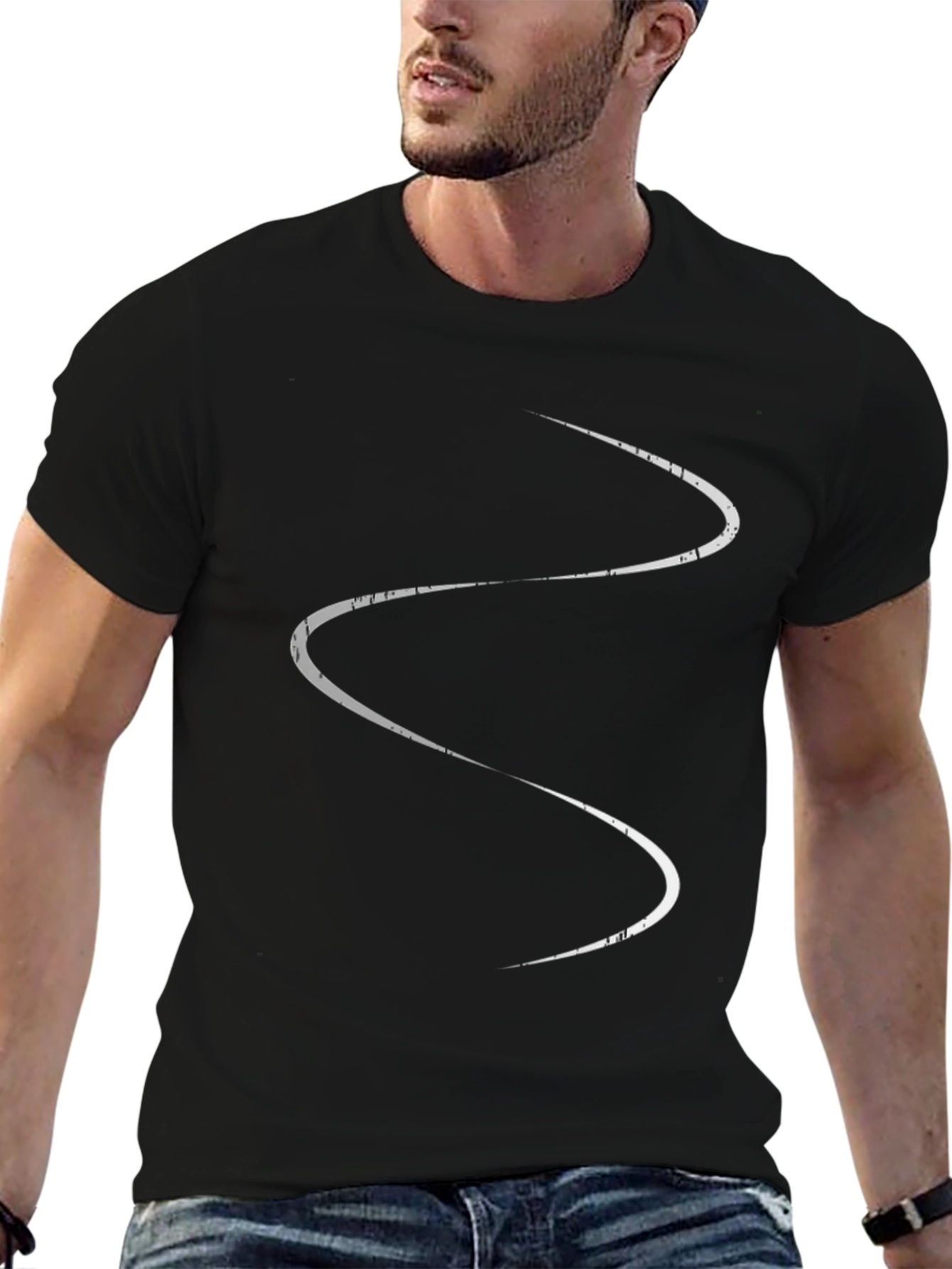 Mens Black T-Shirt with Abstract White Line Design