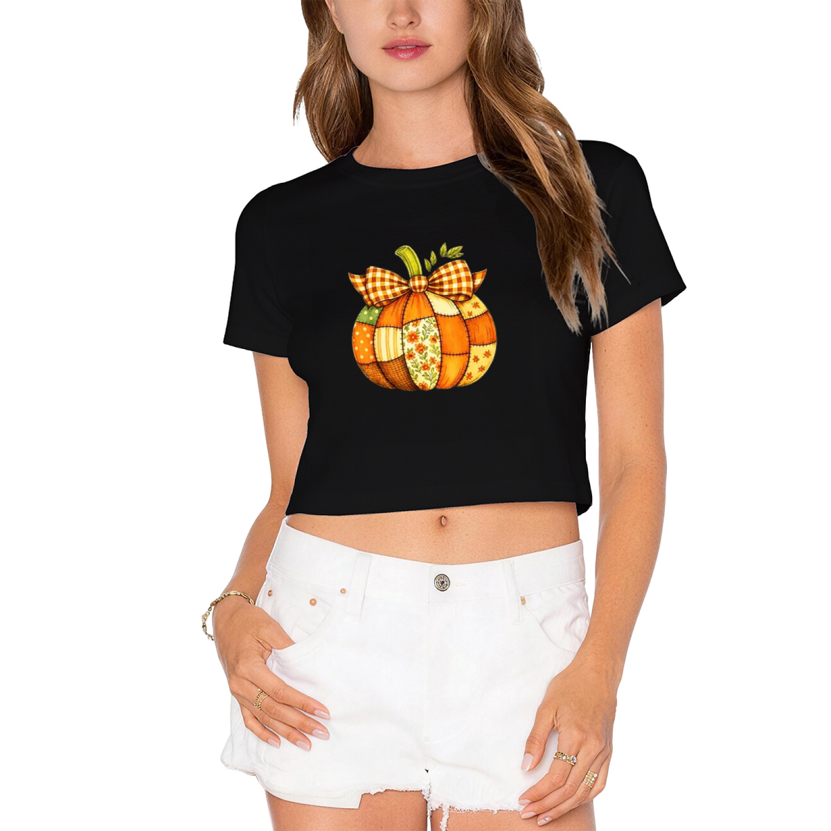 Patchwork Plaid Bow Pumpkin Fall Thanksgiving Season Crop Top