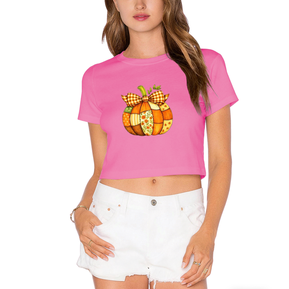 Patchwork Plaid Bow Pumpkin Fall Thanksgiving Season Crop Top
