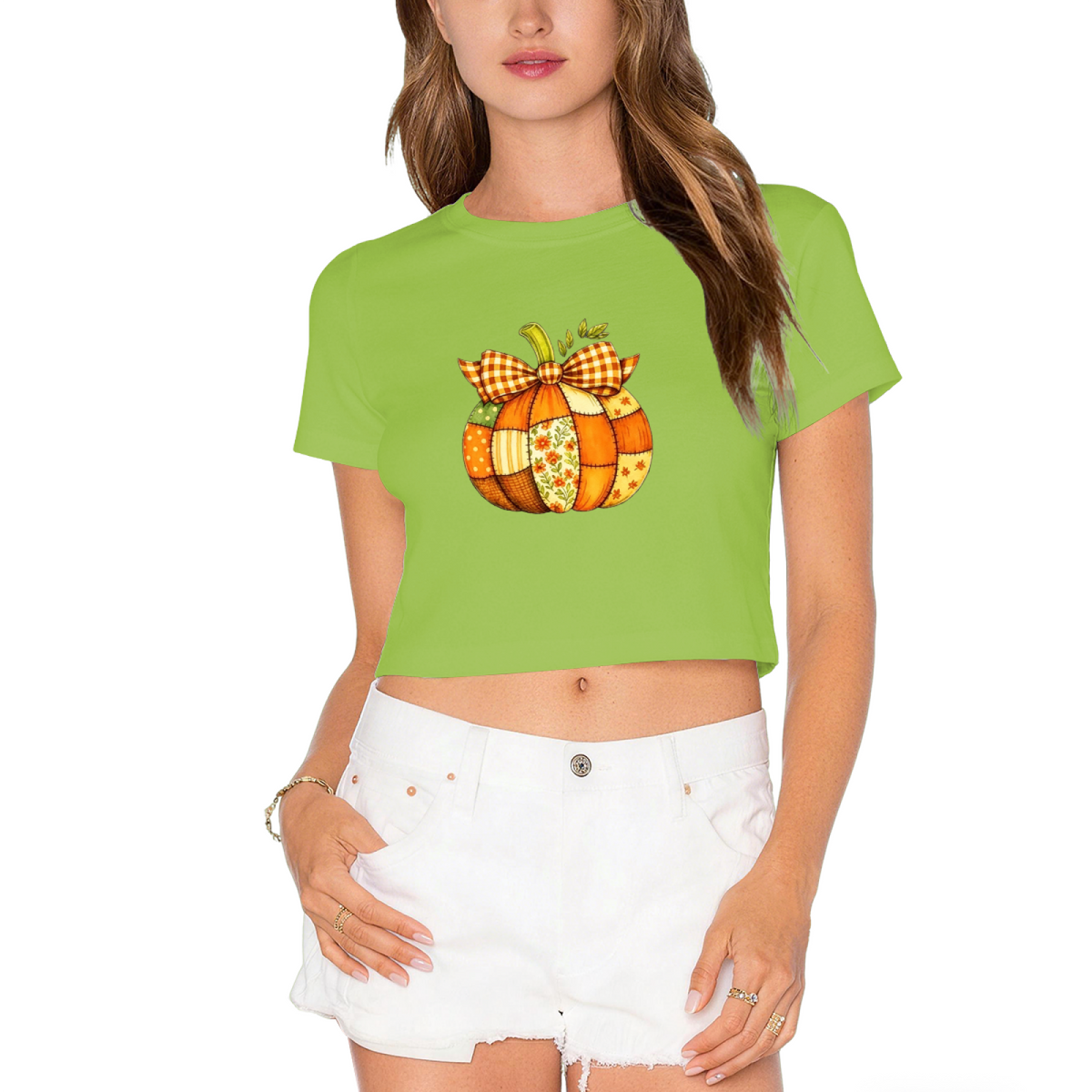 Patchwork Plaid Bow Pumpkin Fall Thanksgiving Season Crop Top