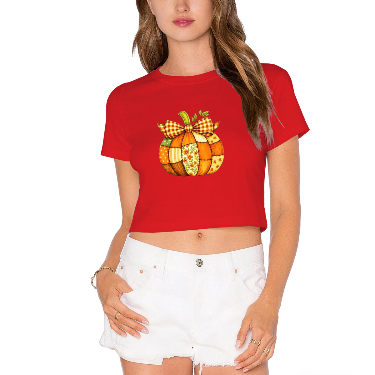 Patchwork Plaid Bow Pumpkin Fall Thanksgiving Season Crop Top