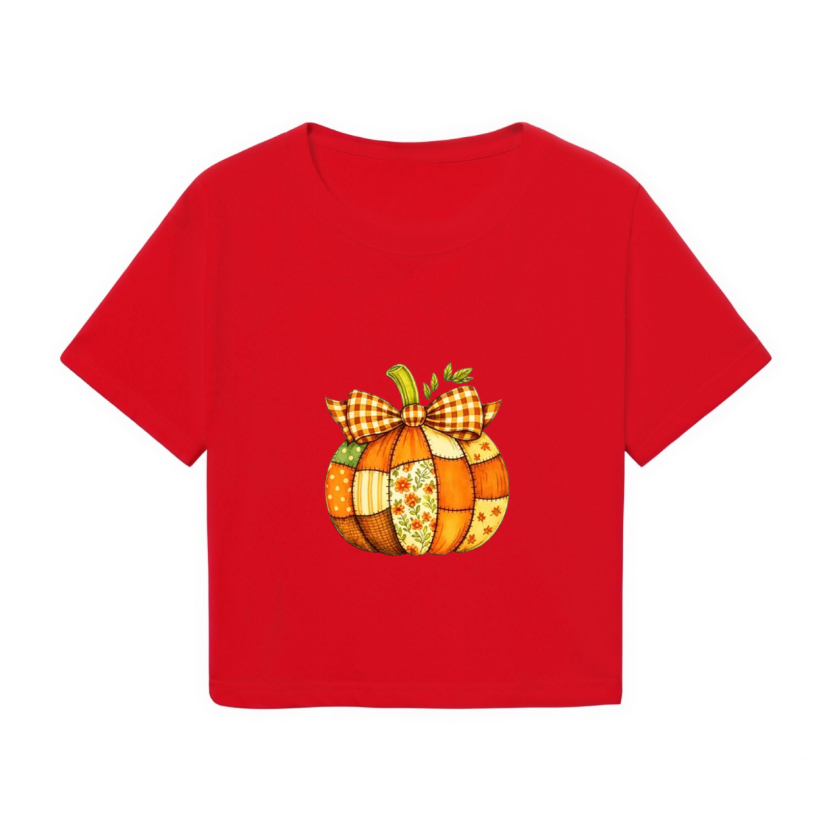 Patchwork Plaid Bow Pumpkin Fall Thanksgiving Season Crop Top