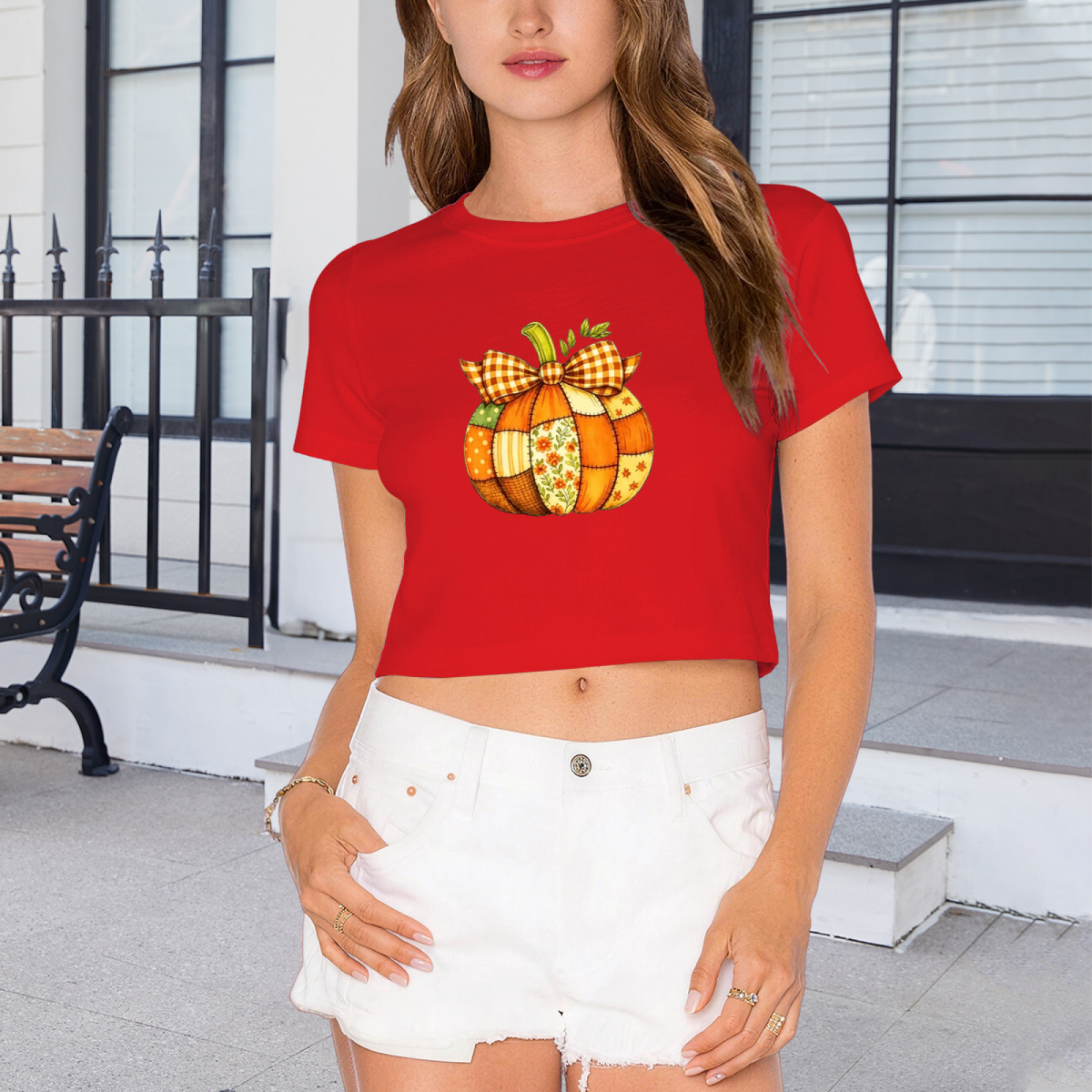 Patchwork Plaid Bow Pumpkin Fall Thanksgiving Season Crop Top