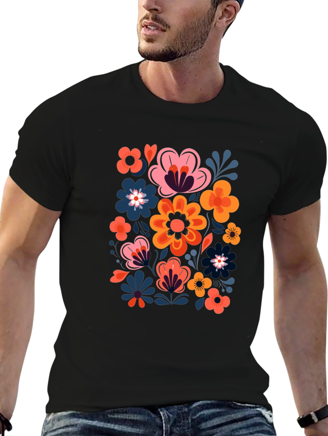 Floral Print Black Crew Neck Tee