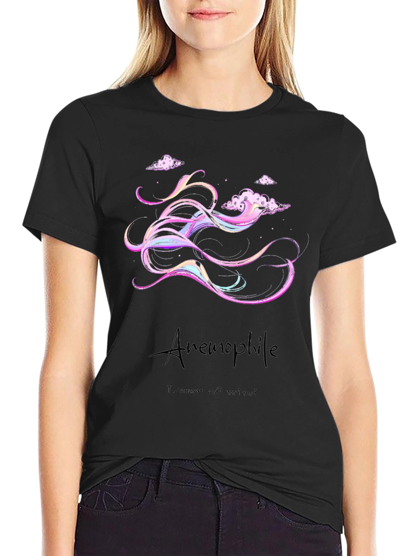 Anemophile Black T-Shirt - Whimsical Wind Design