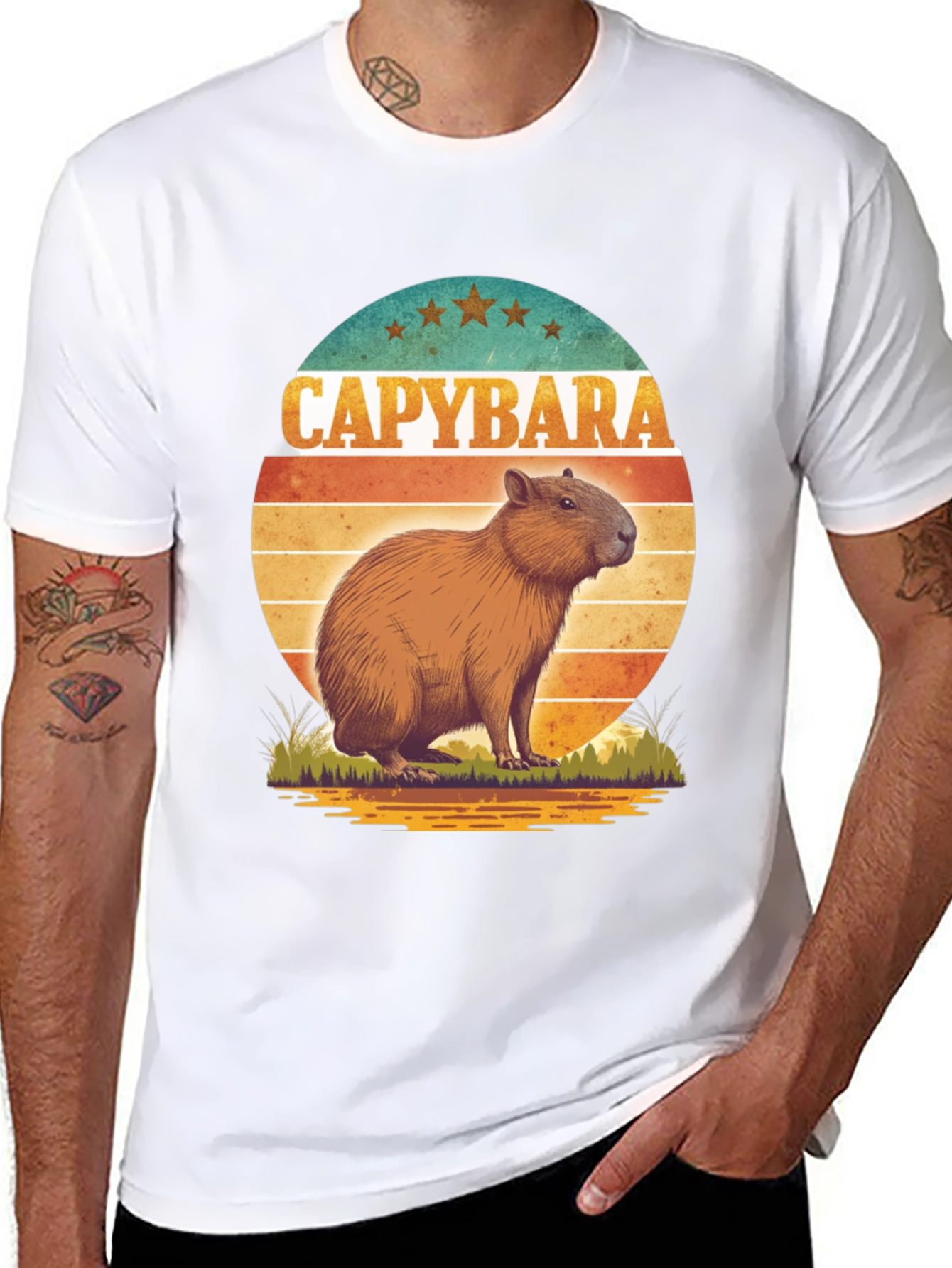 Capybara Retro Sunset Graphic Tee
