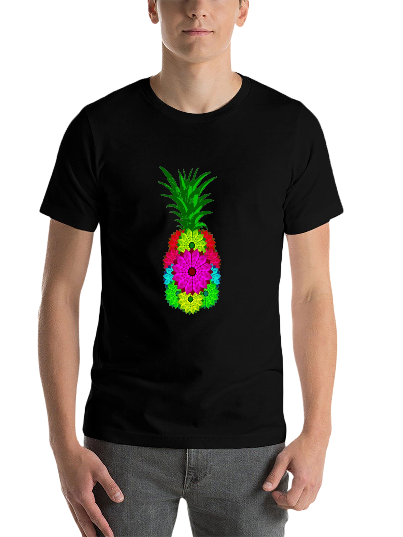 Floral Pineapple Graphic Tee - Black Cotton Blend