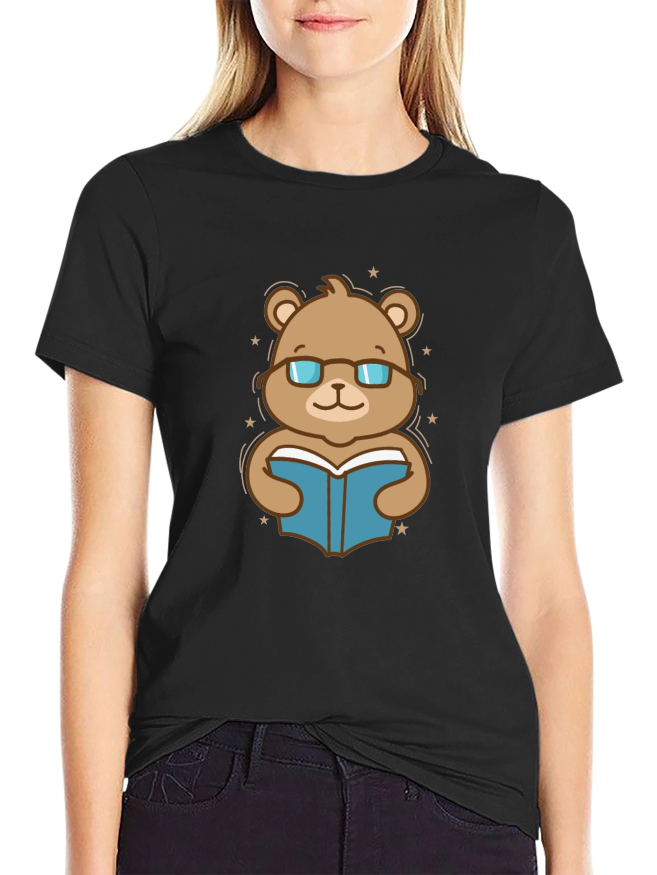 Bookish Bear Graphic Tee - Black Cotton