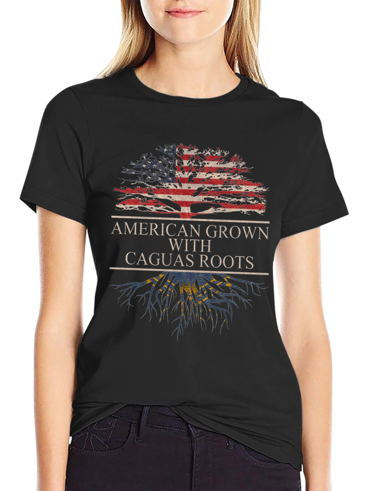 American Grown with Caguas Roots Black T-Shirt