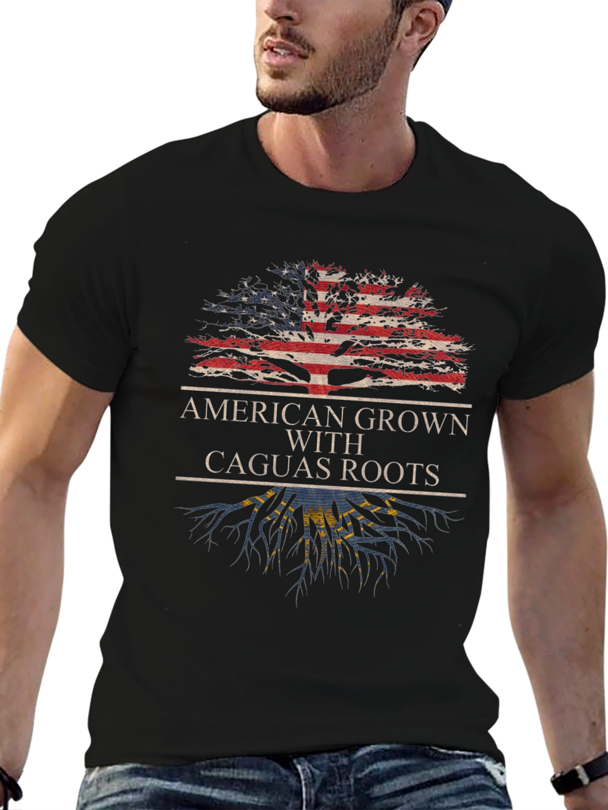 American Grown with Caguas Roots Black T-Shirt