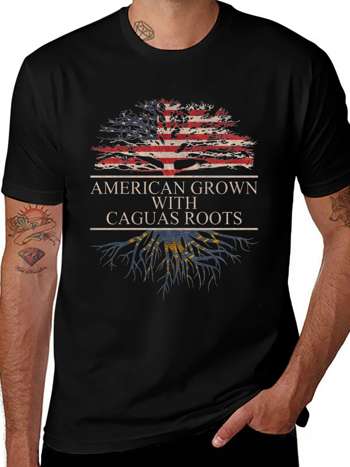 American Grown with Caguas Roots Black T-Shirt