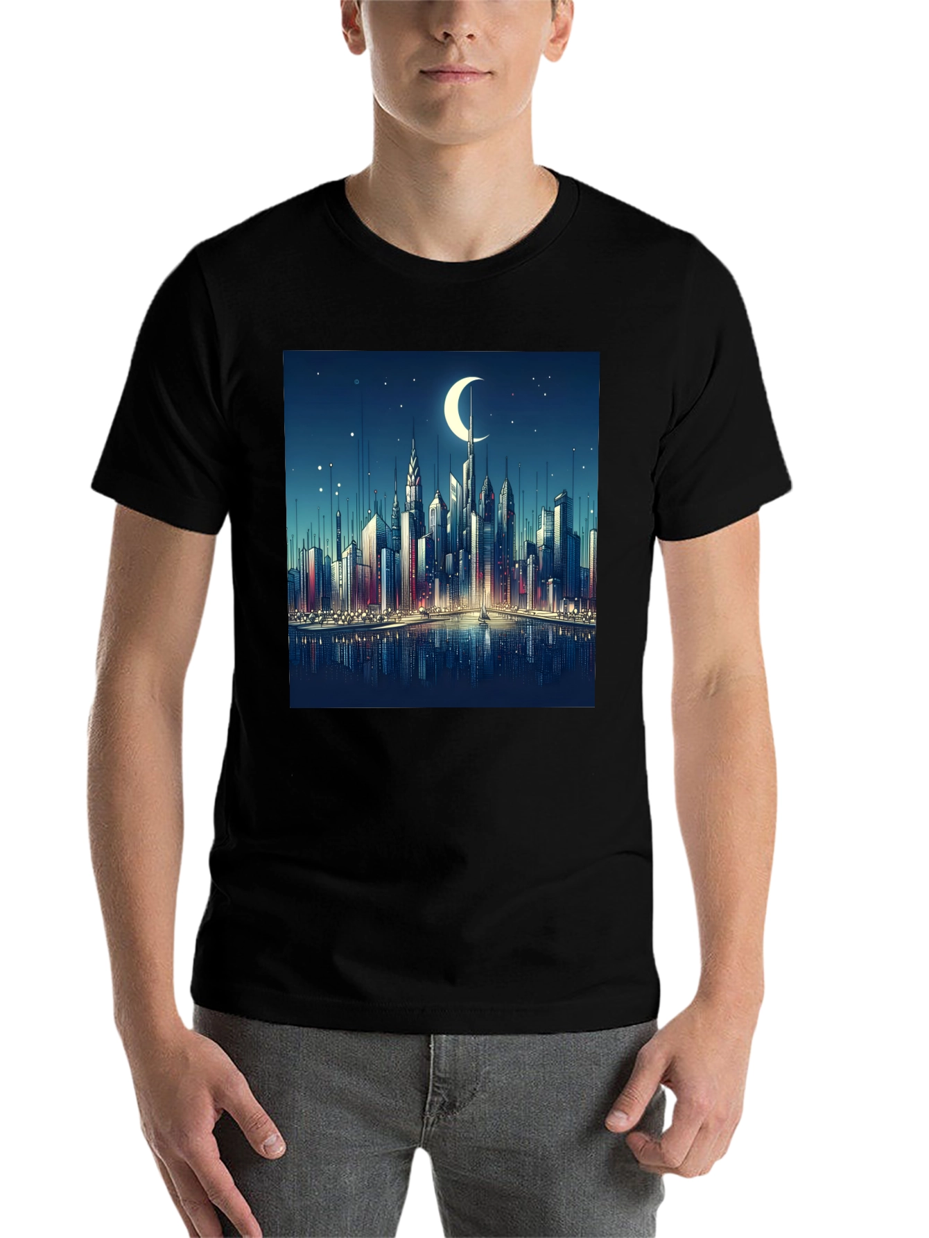 Cityscape Moon Graphic Tee - Black Cotton Casual Shirt