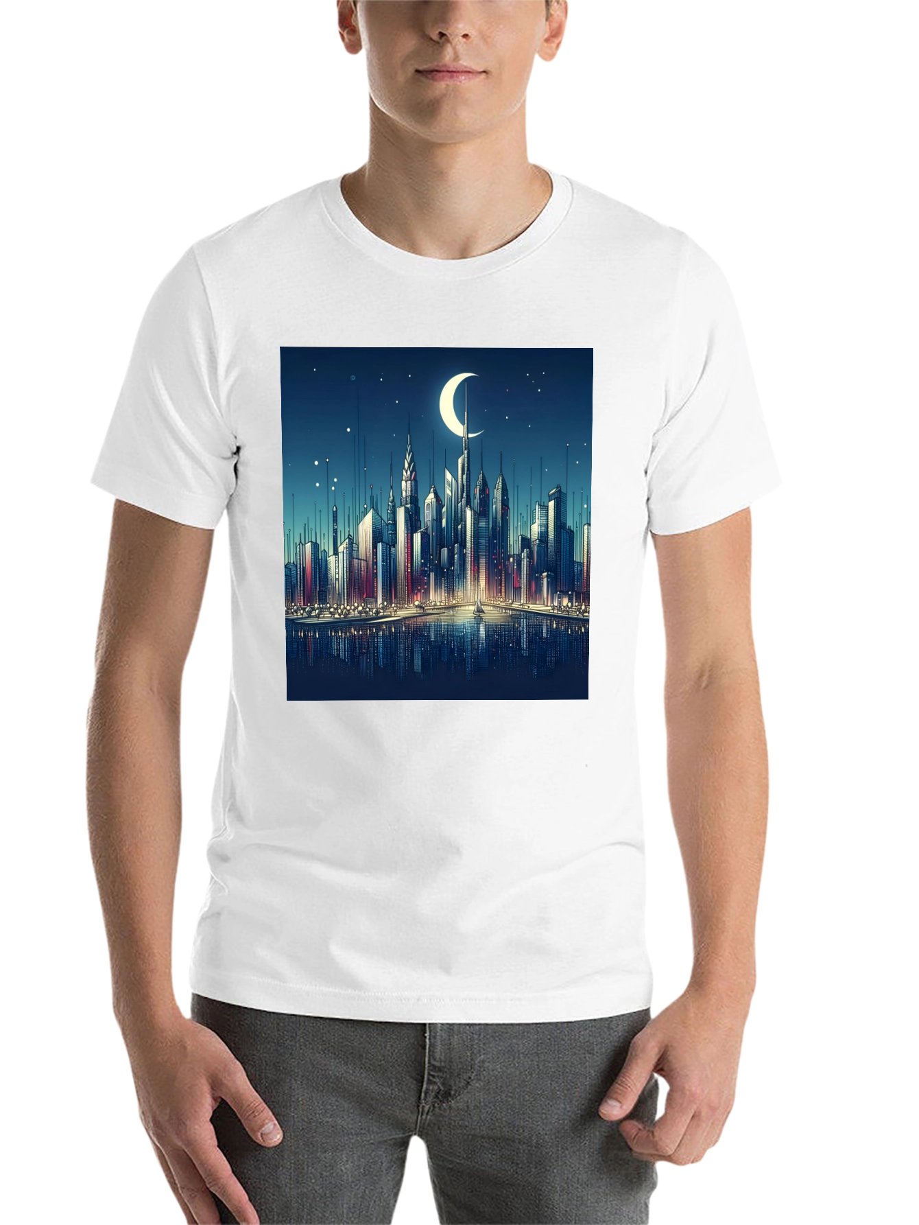 Cityscape Moon Graphic Tee - Black Cotton Casual Shirt