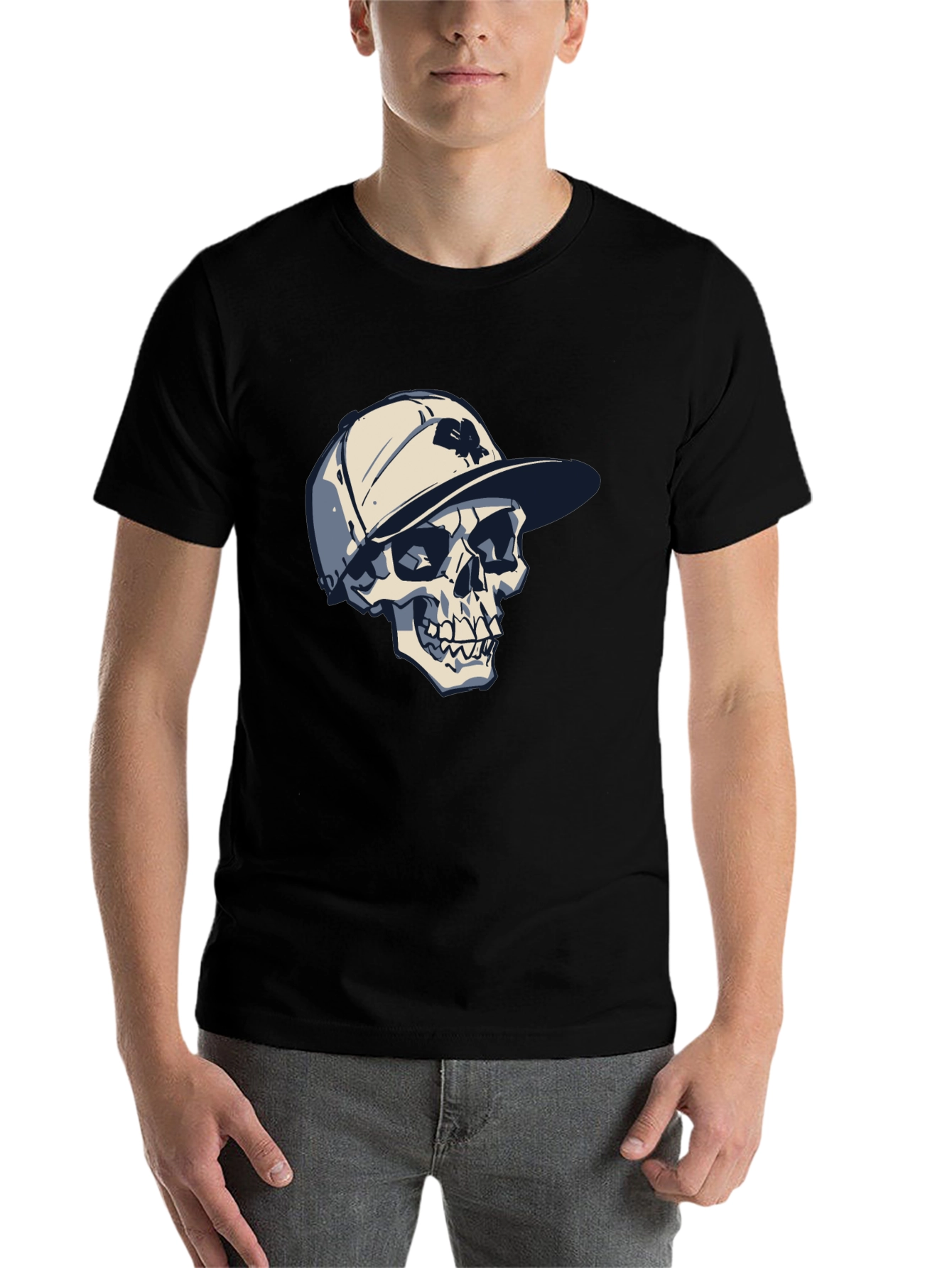 Skull in Cap Graphic Tee - Cool Black T-Shirt