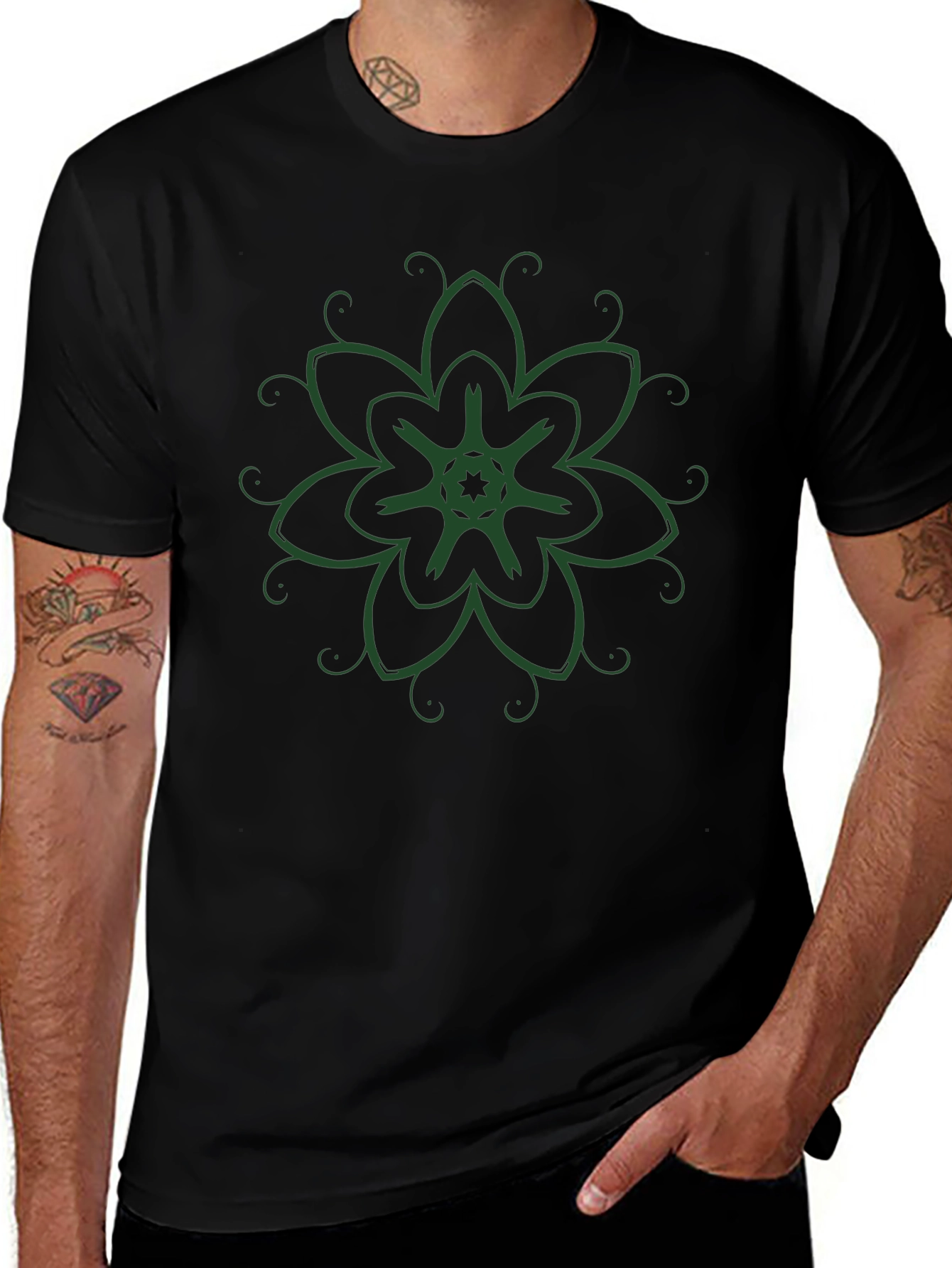 Black T-Shirt with Green Floral Design