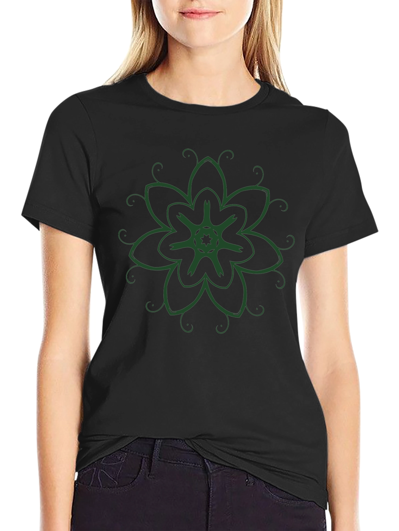 Black T-Shirt with Green Floral Design