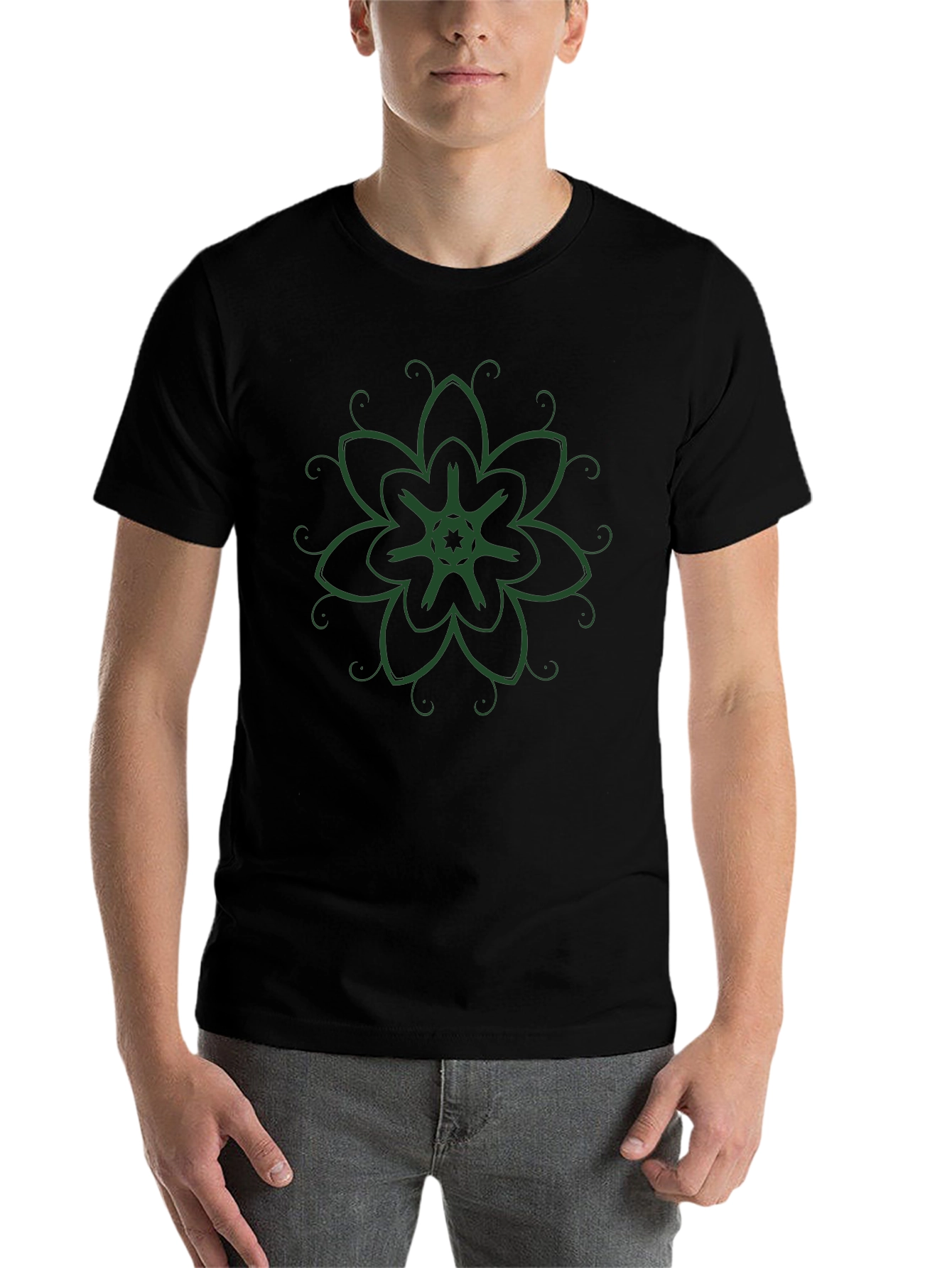 Black T-Shirt with Green Floral Design