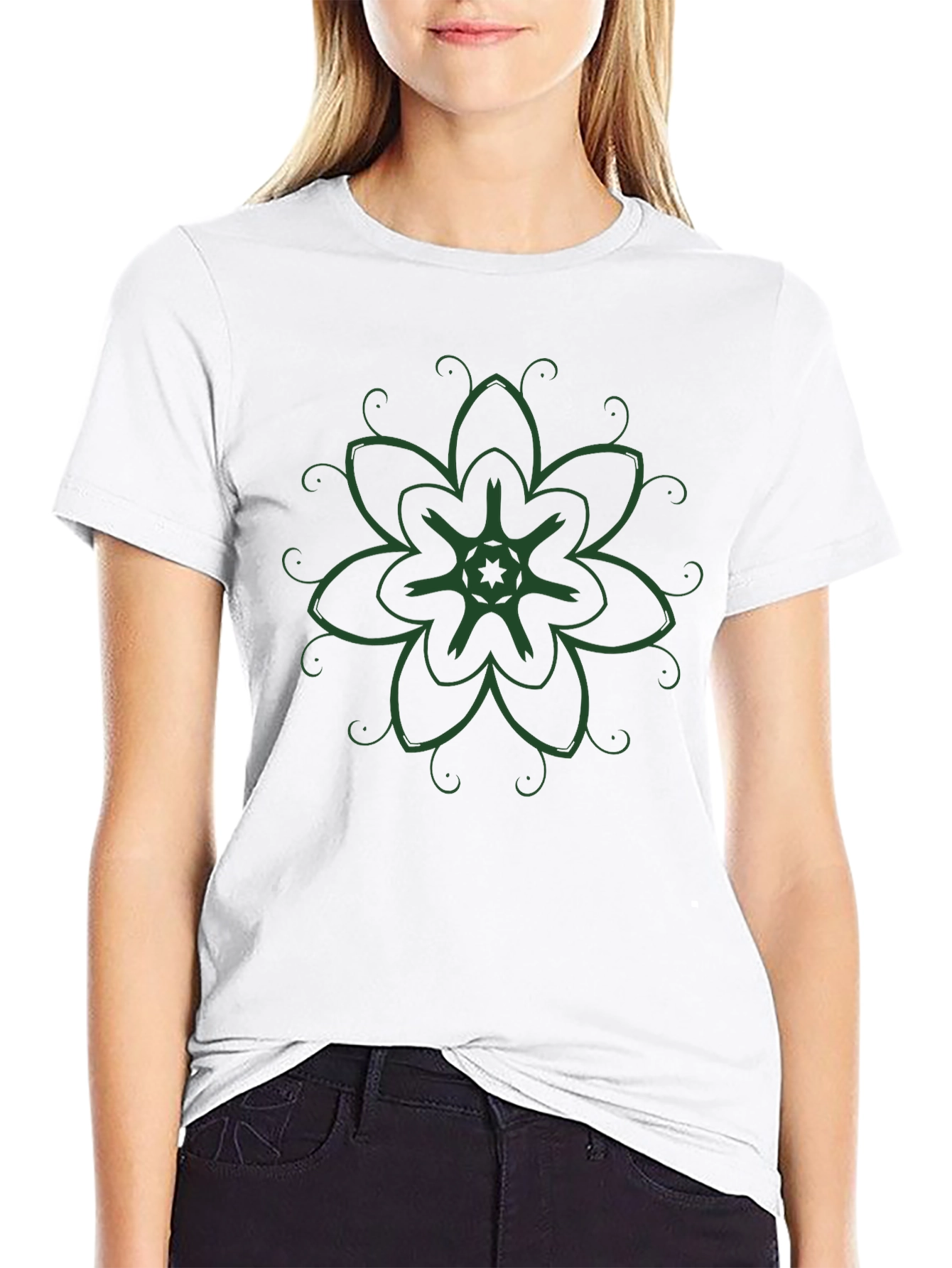 Black T-Shirt with Green Floral Design