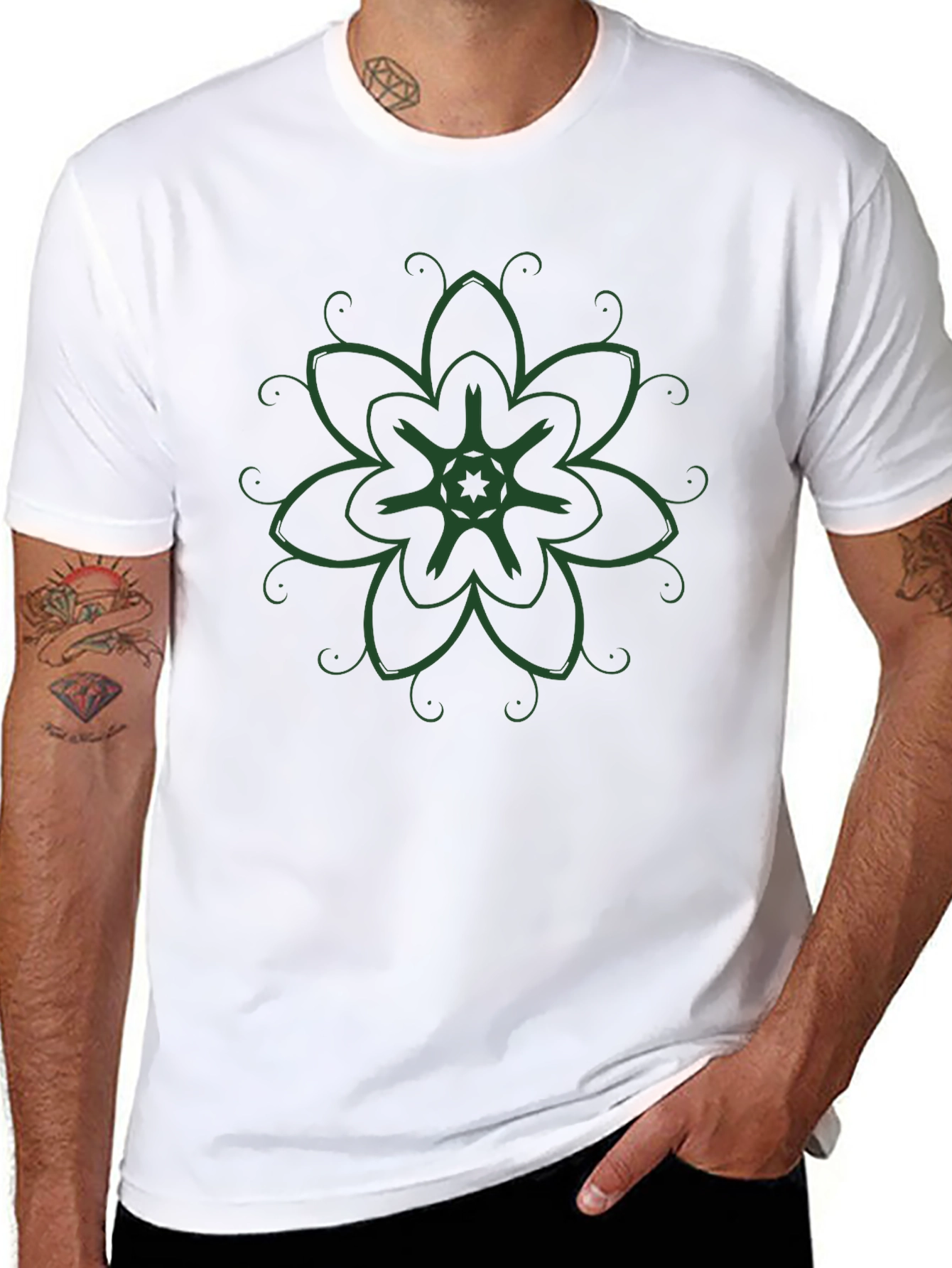 Black T-Shirt with Green Floral Design