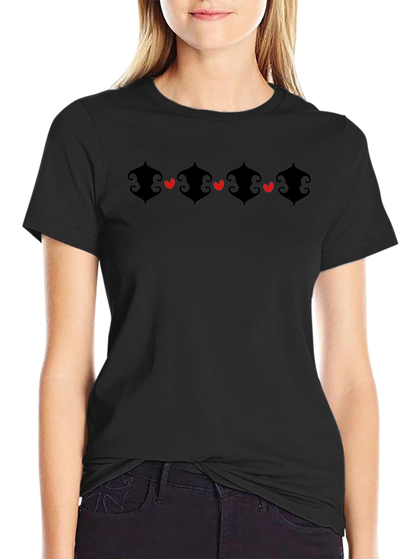 Heart Accent Graphic Black Crew Neck T-Shirt