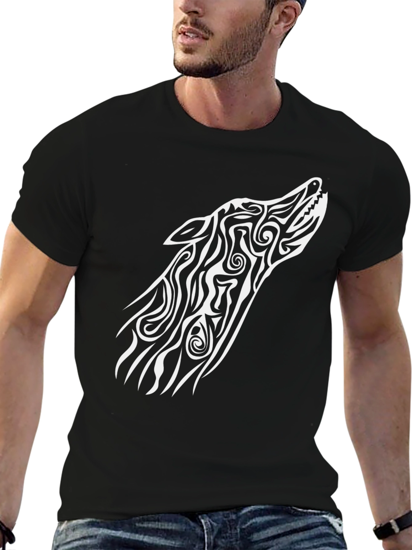 Tribal Wolf Graphic Tee - Black Cotton Blend