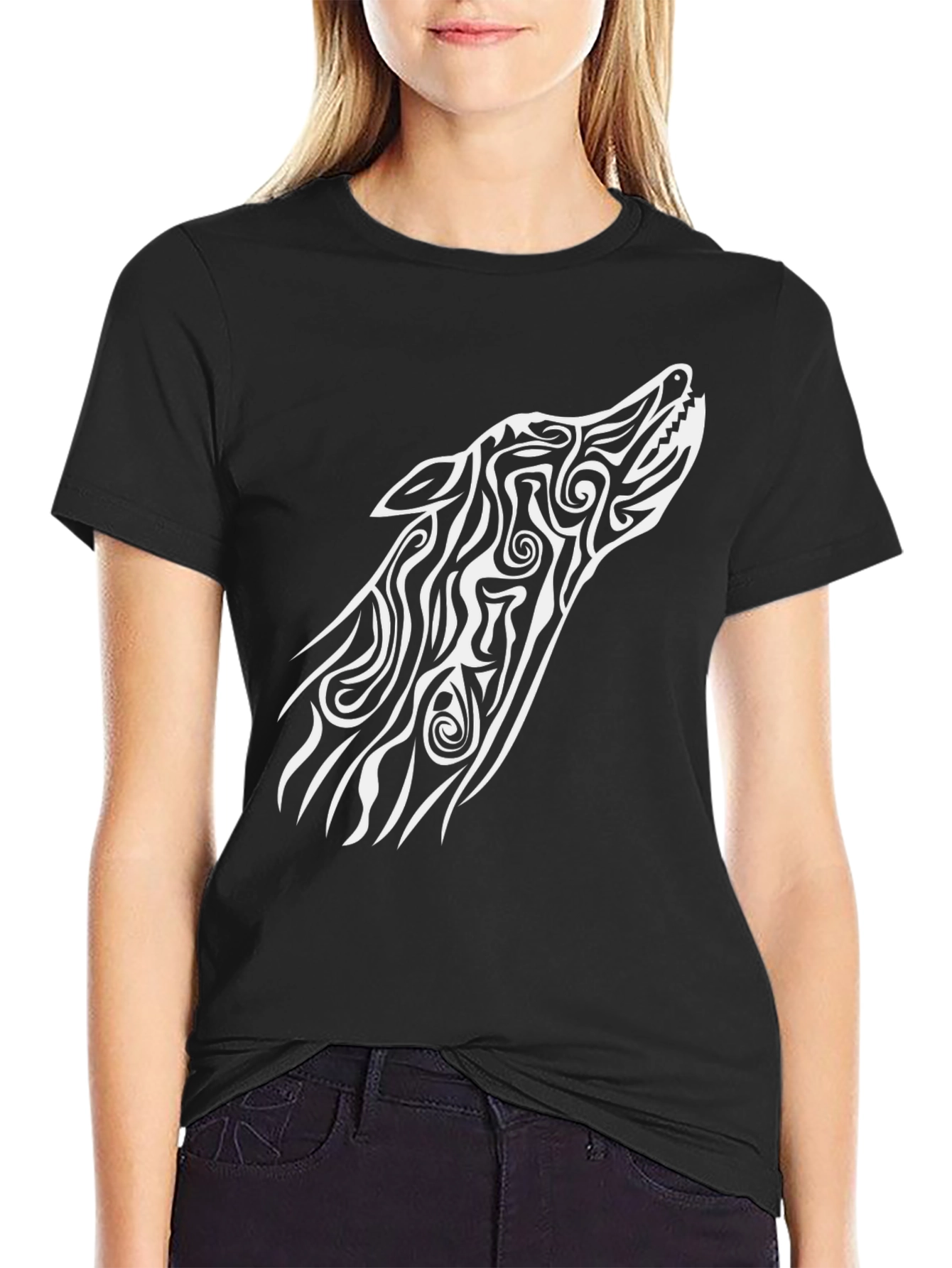 Tribal Wolf Graphic Tee - Black Cotton Blend