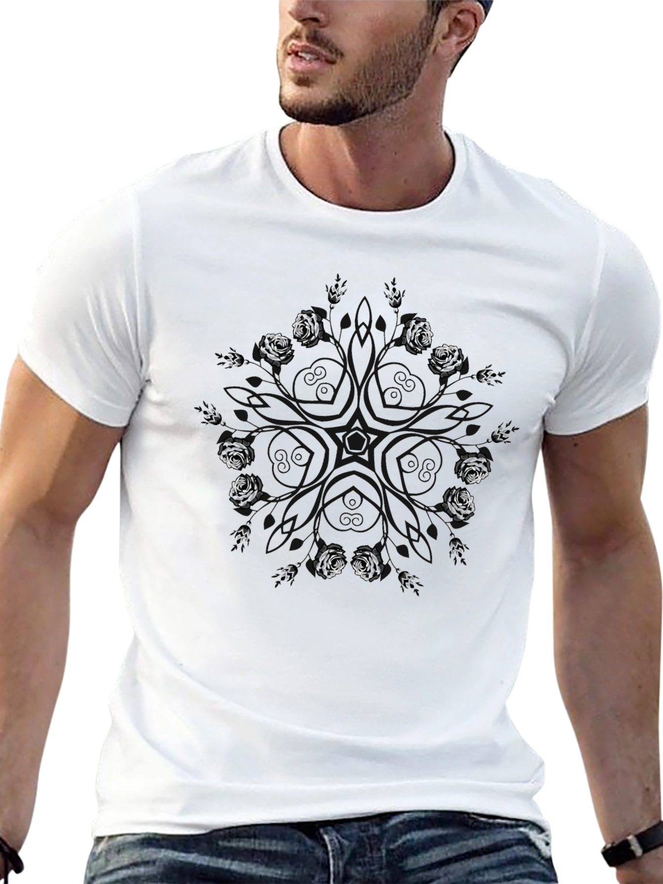 Abstract Rose Star Black T-Shirt