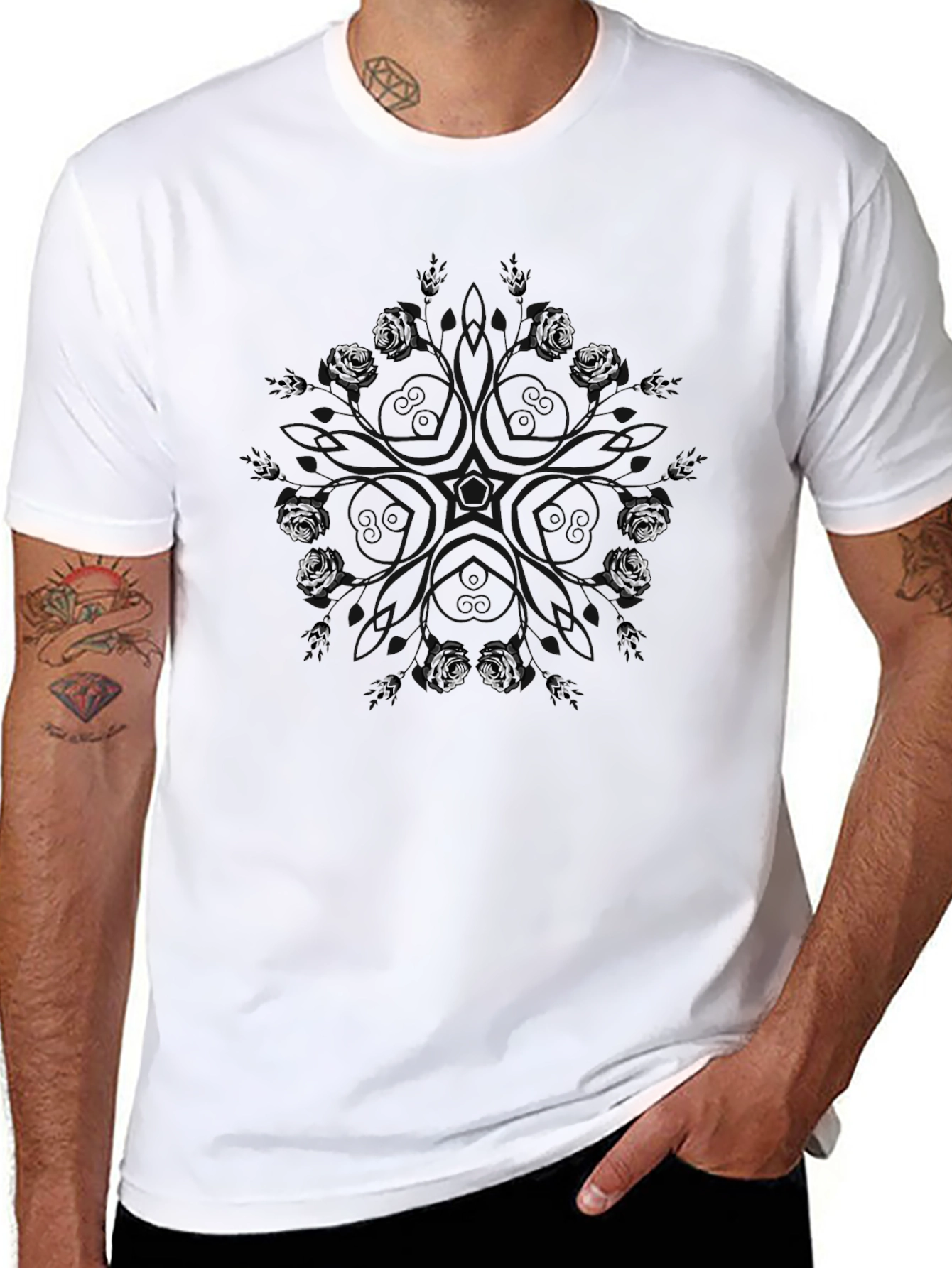 Abstract Rose Star Black T-Shirt