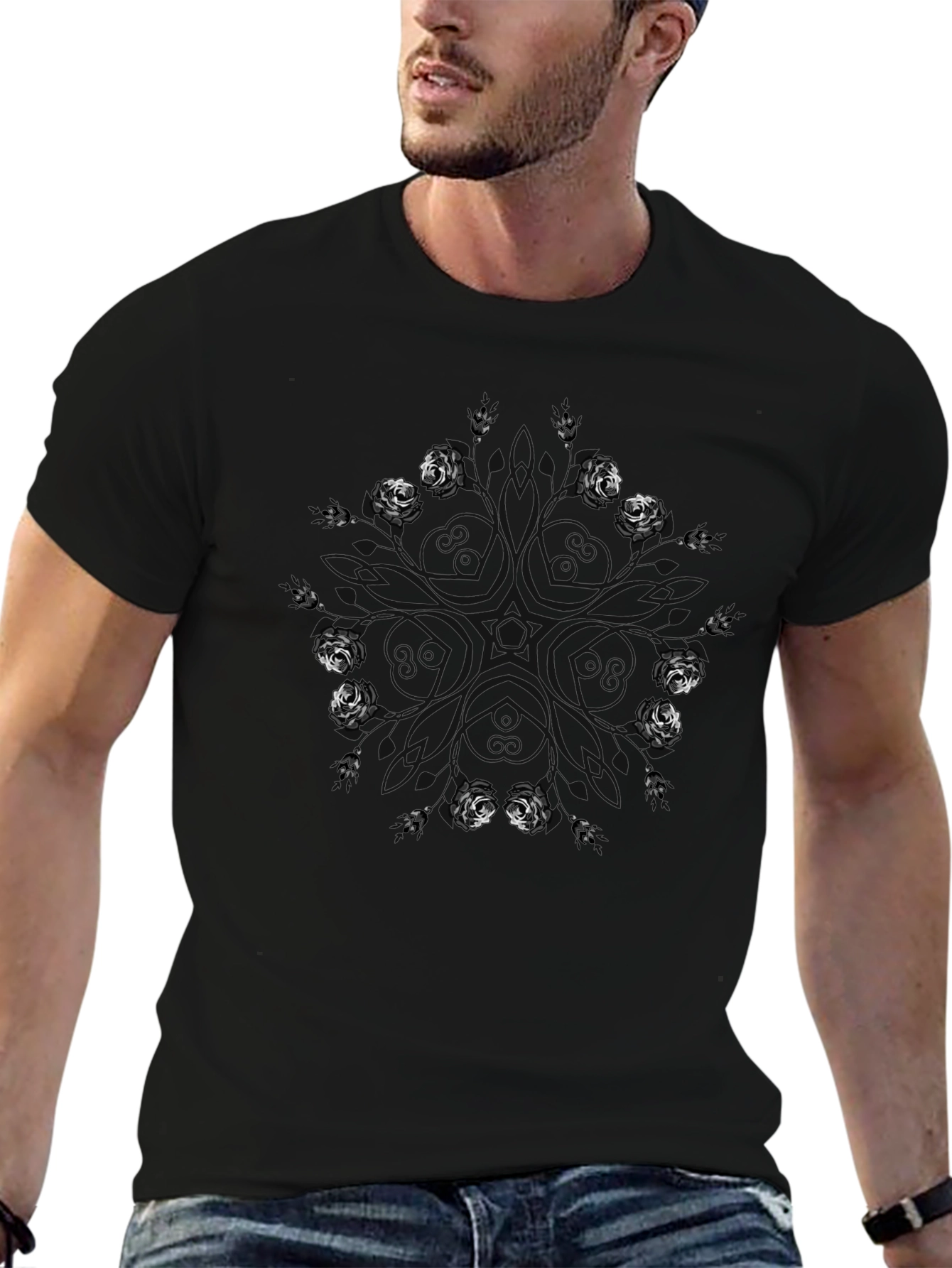 Abstract Rose Star Black T-Shirt