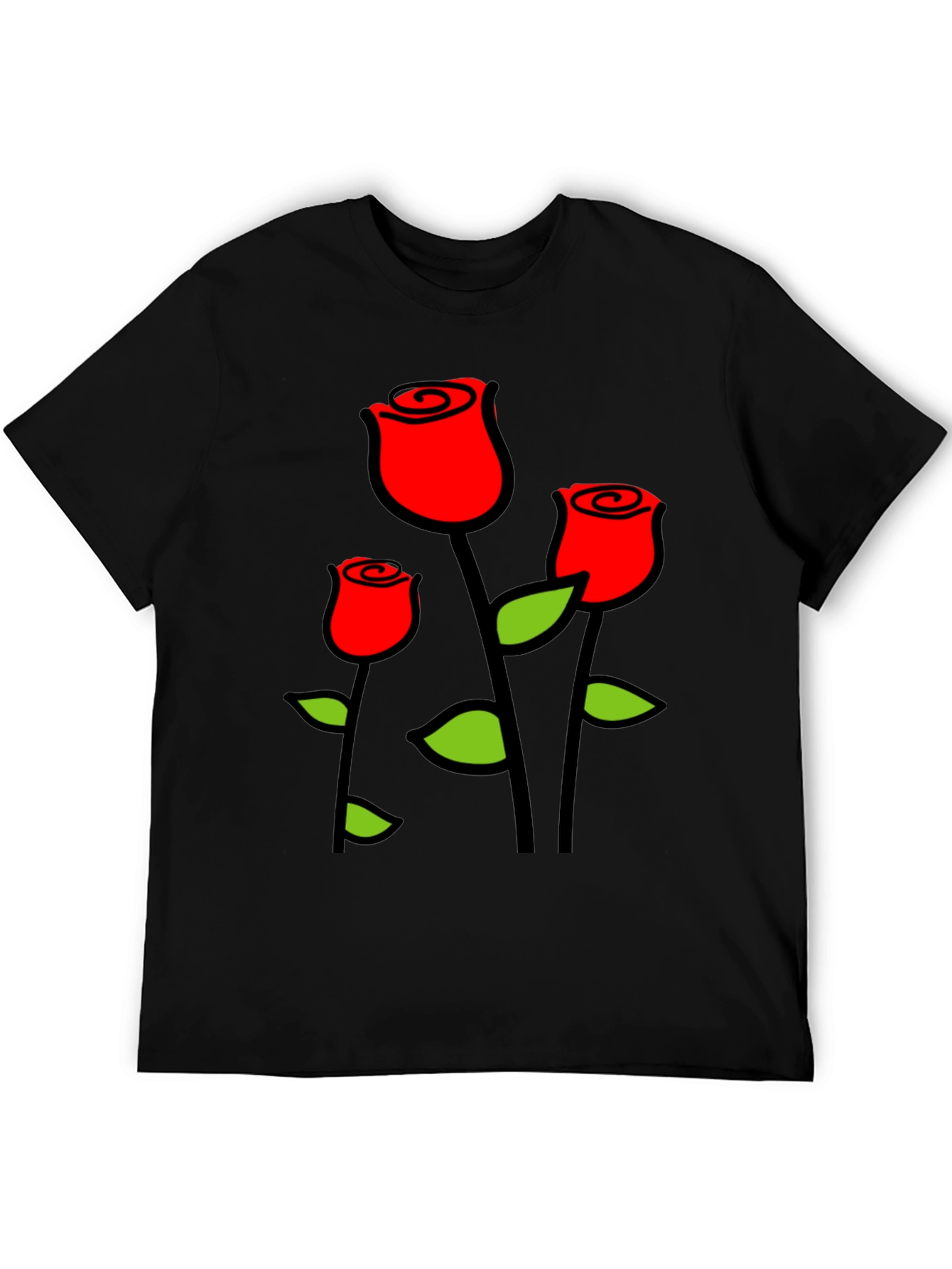 Black T-Shirt with Red Roses Graphic Print