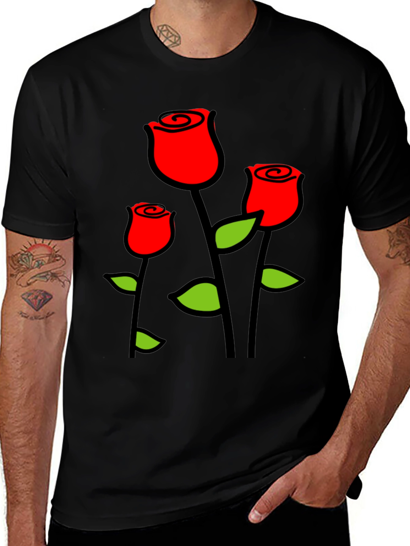 Black T-Shirt with Red Roses Graphic Print