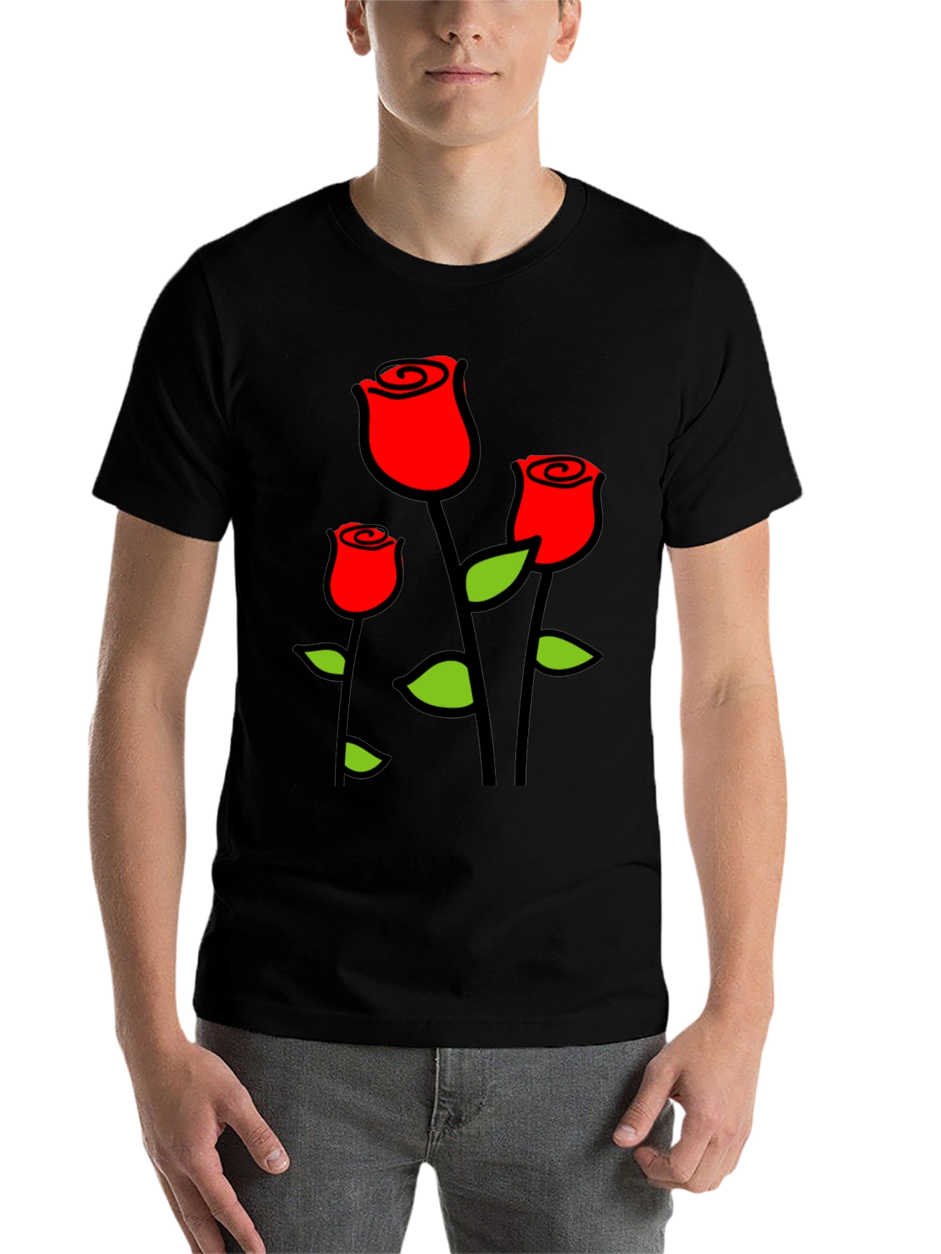 Black T-Shirt with Red Roses Graphic Print