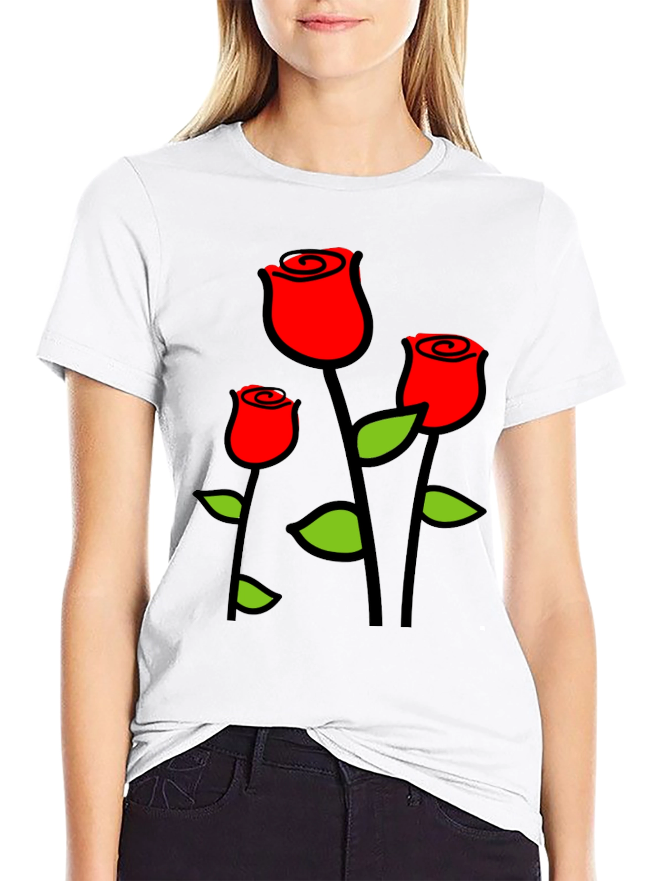 Black T-Shirt with Red Roses Graphic Print
