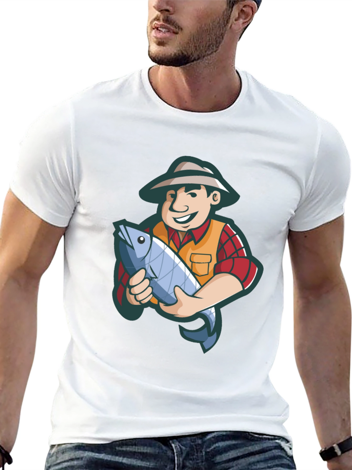 Fisherman Cartoon Graphic Tee - Black