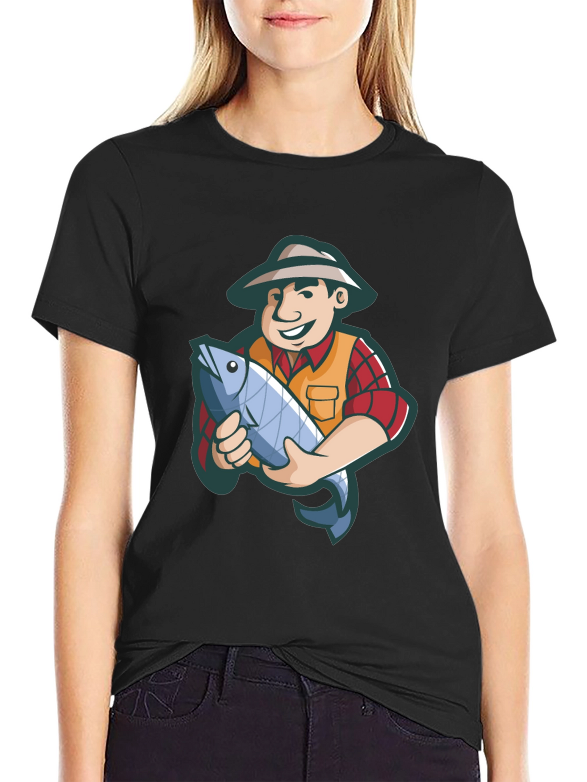 Fisherman Cartoon Graphic Tee - Black