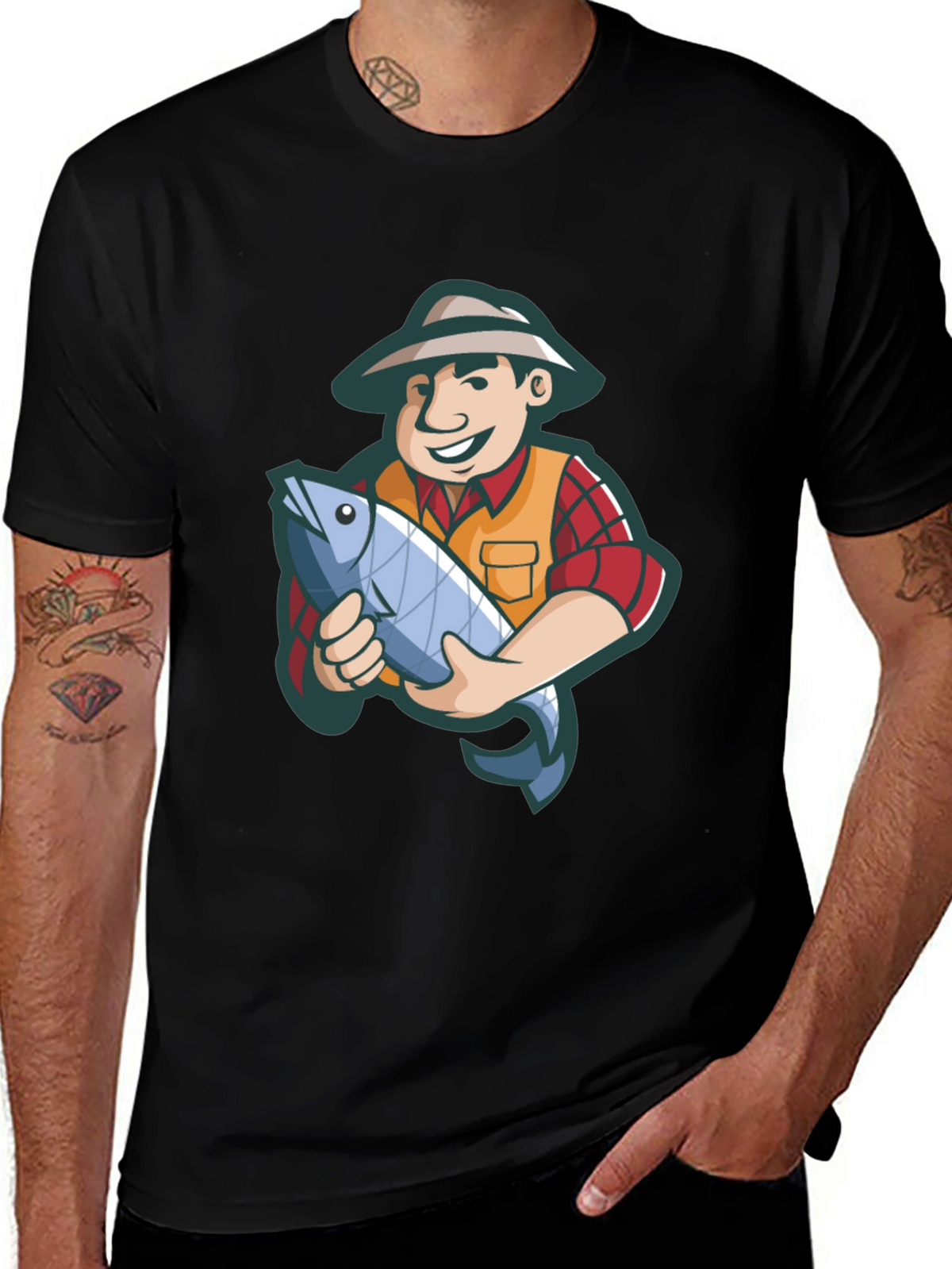 Fisherman Cartoon Graphic Tee - Black